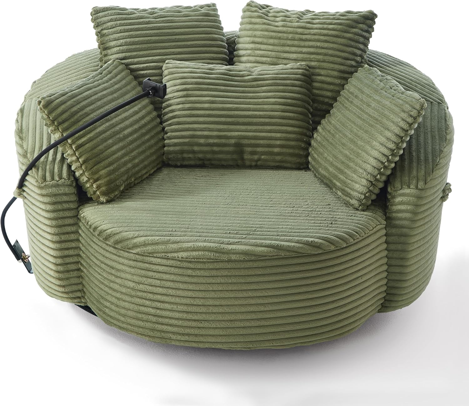 JIVOIT 360° Swivel Accent Chair with 5 Throw Pillows, Adjustable Phone Holder, Corduroy Fabric Round Sofa Chair Barrel Chair with Semi-Wraparound Design for Living Room, Office and Hotel (Green,1)