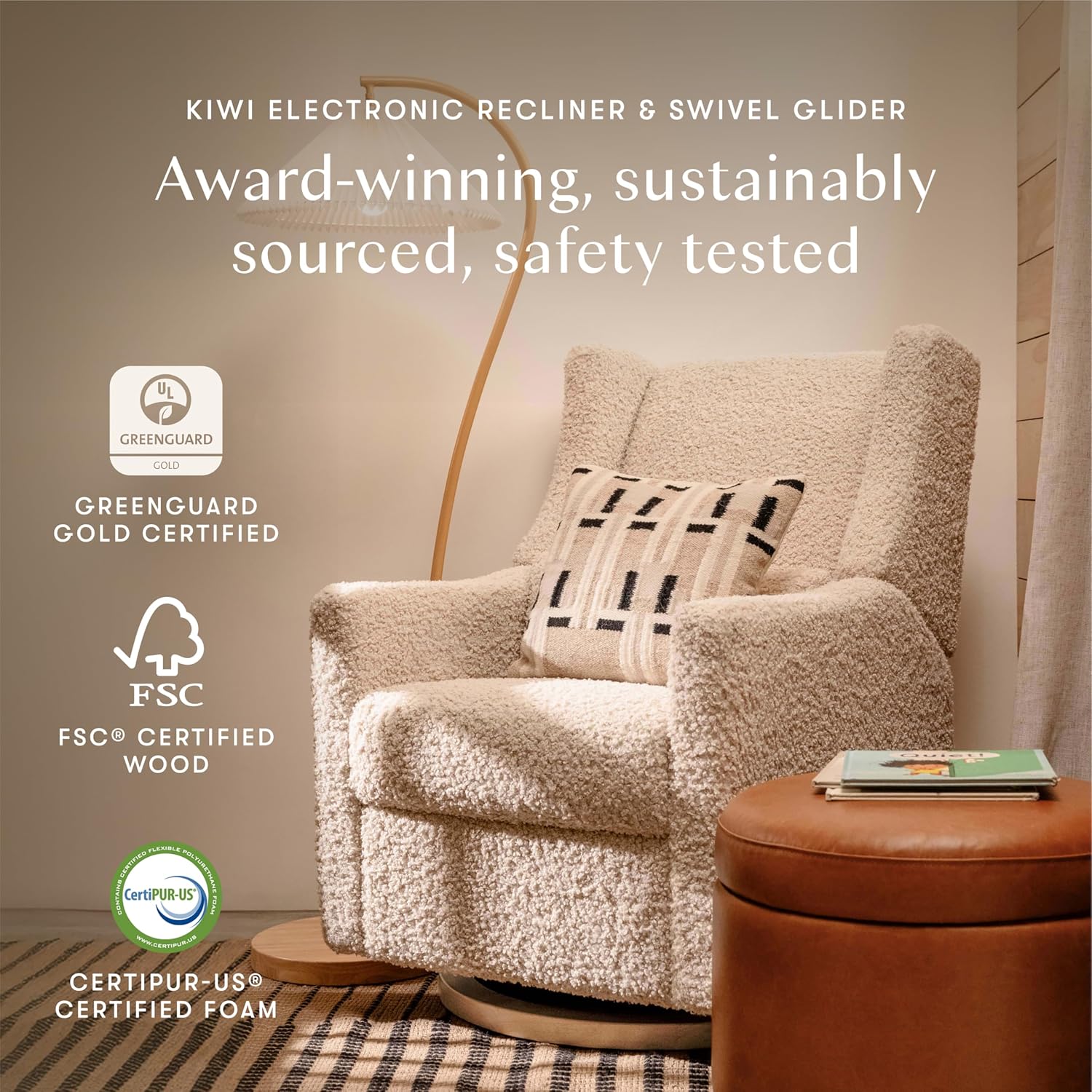 Kiwi Glider Recliner w/Electronic Control and USB | in Almond Teddy Loop w/Light Wood Base, Greenguard Gold Certified
