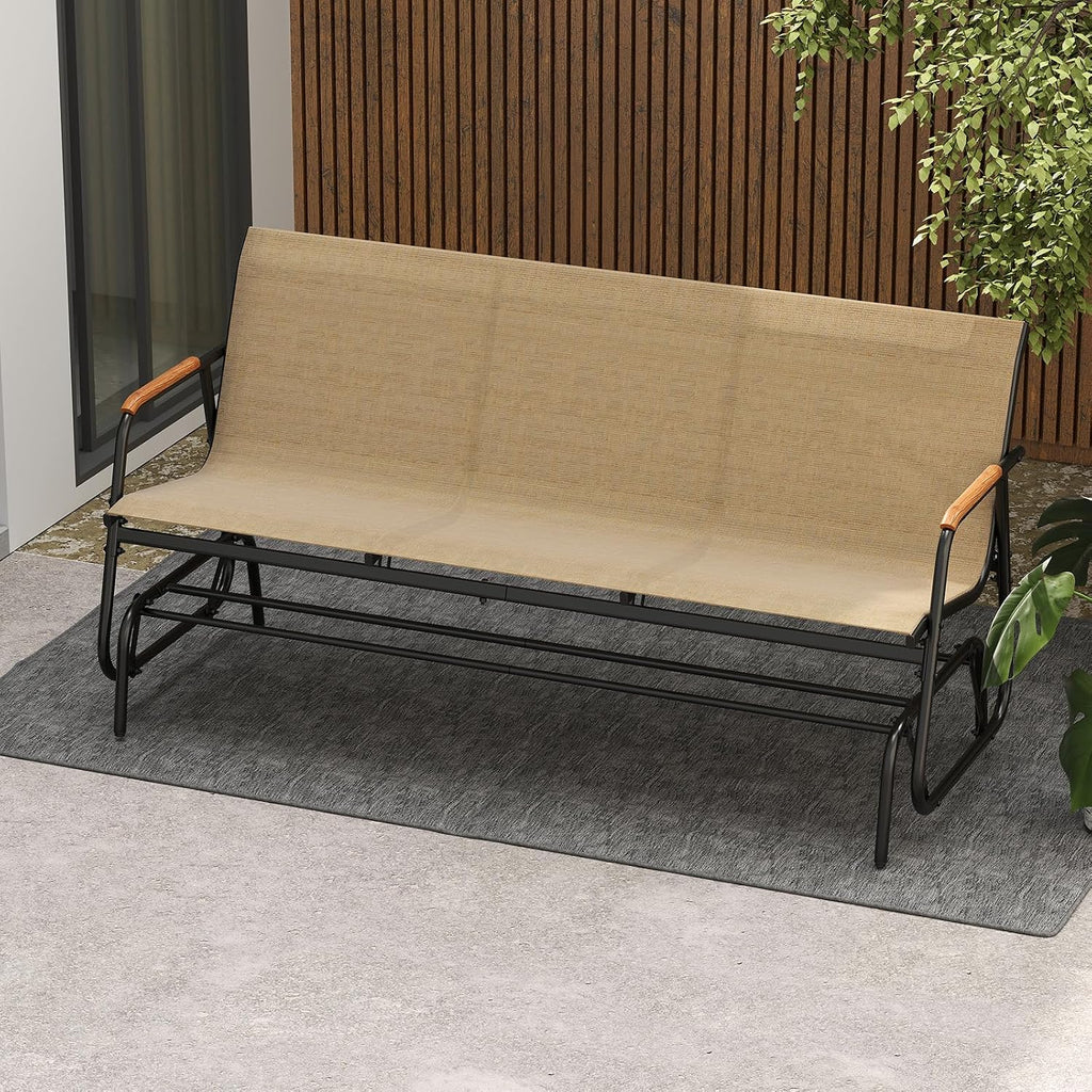 Tangkula 3-Person Outdoor Glider Bench, Patio Gliding Loveseat with Breathable Fabric Seat, Curved Teak Wood Armrests and Metal Frame, Swing Rocking Chair for Backyard, Garden, Porch, Balcony (3 Seat)