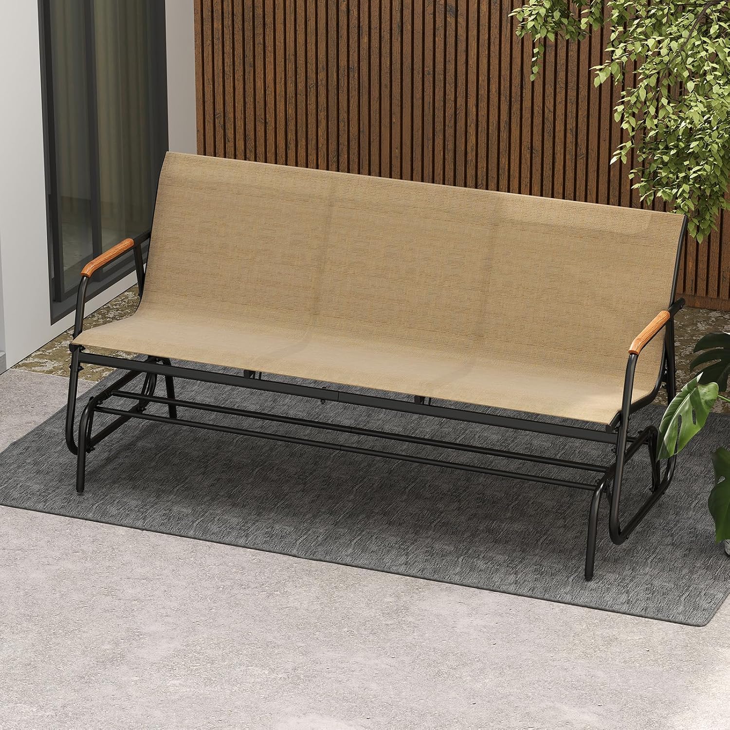Tangkula 3-Person Outdoor Glider Bench, Patio Gliding Loveseat with Breathable Fabric Seat, Curved Teak Wood Armrests and Metal Frame, Swing Rocking Chair for Backyard, Garden, Porch, Balcony (3 Seat)