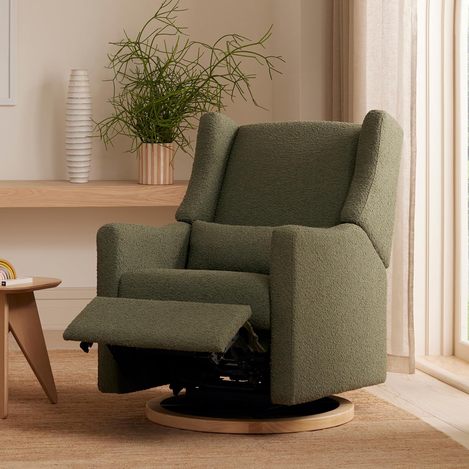 Kiwi Glider Recliner w/Electronic Control and USB | in Olive Boucle w/Light Wood Base, Greenguard Gold Certified