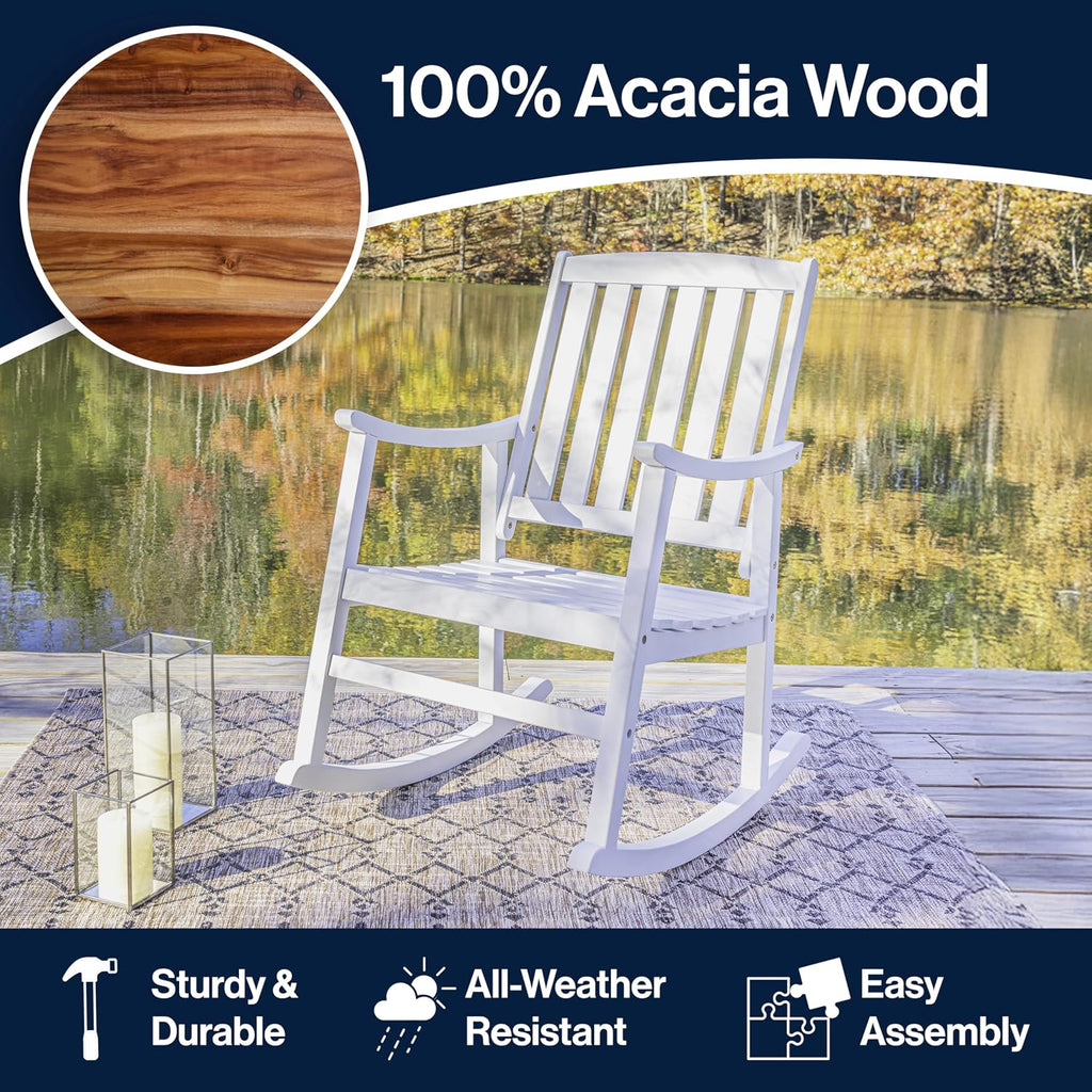 JONATHAN Y RCK102C Penny Classic Slat-Back 300-Lbs Support Acacia Wood Patio Outdoor Rocking Chair for Garden, Lawn, Backyard, Pool, Deck, Beach, Firepit, White