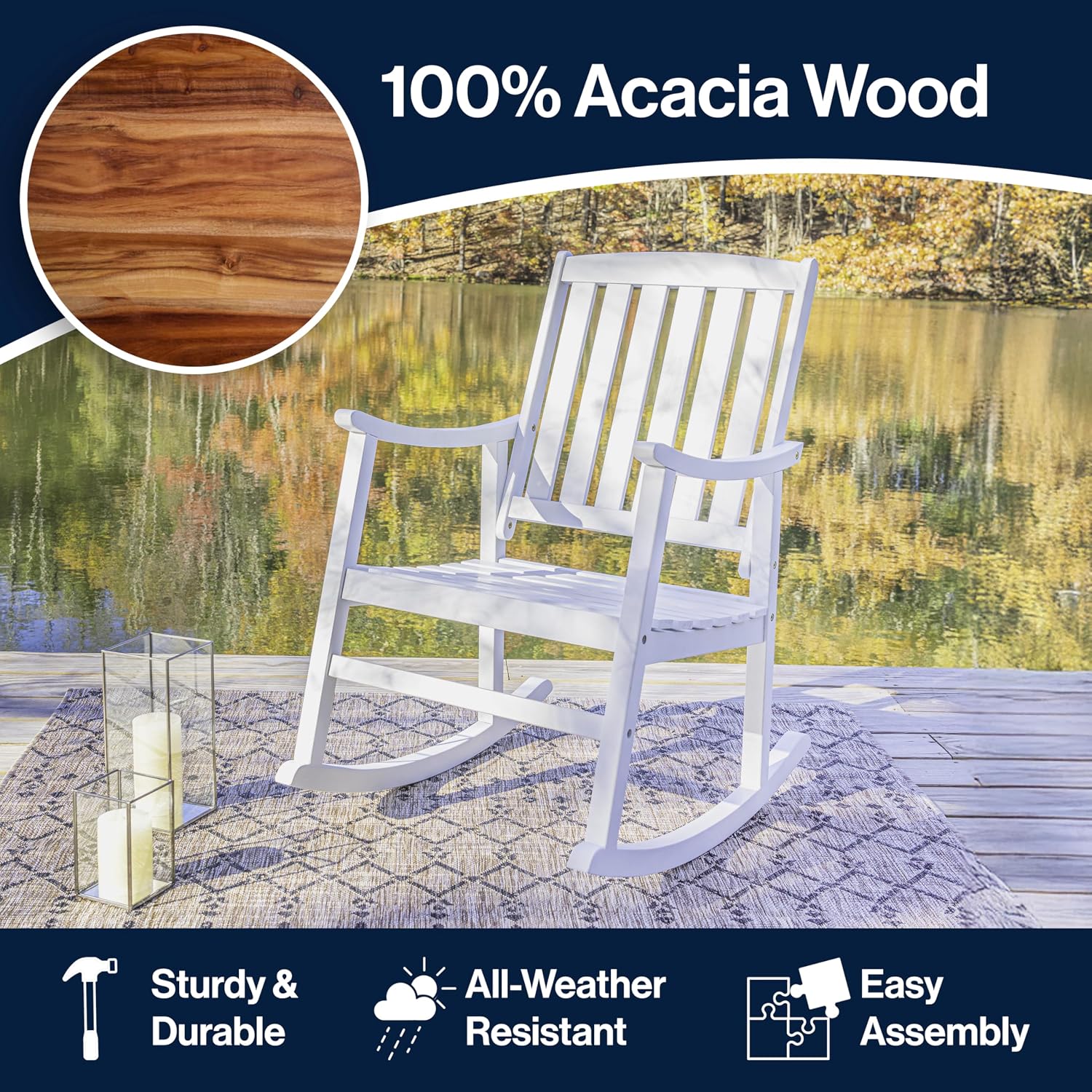 JONATHAN Y RCK102C Penny Classic Slat-Back 300-Lbs Support Acacia Wood Patio Outdoor Rocking Chair for Garden, Lawn, Backyard, Pool, Deck, Beach, Firepit, White