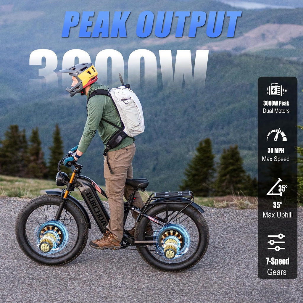 2026 Dual Motor Electric Bike for Adults AWD 5000W/3000W Peak 40 MPH/30 MPH E Dirt Bike, 52V/48V Removable Battery 65/80/150 Miles Max Long Range with Full Suspension 26' Fat Tires Mountain Bike