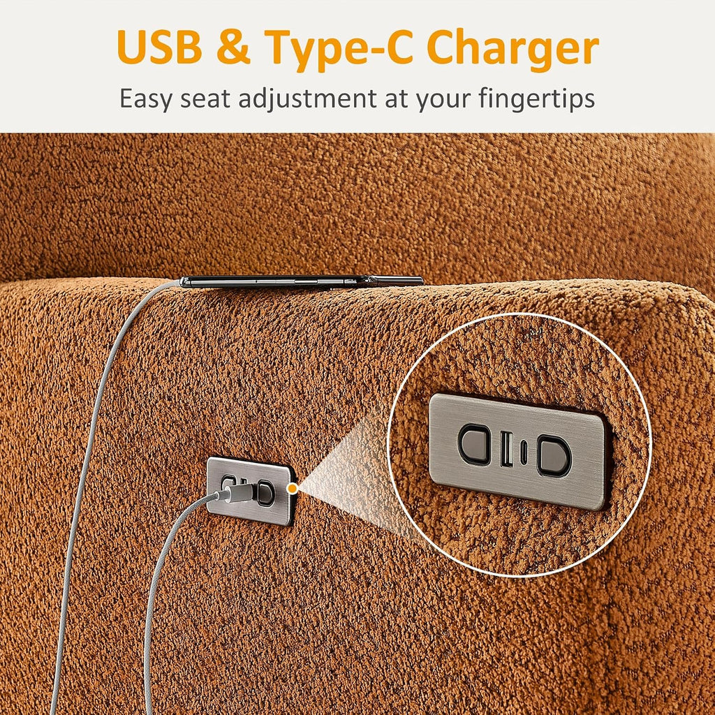 VANOMi Power Recliner Chair, 270° Swivel Nursery Chair with USB Charging Port Comfy Boucle Glider Rocking Chairs for Living Room, Nursery, Bedroom, Curry