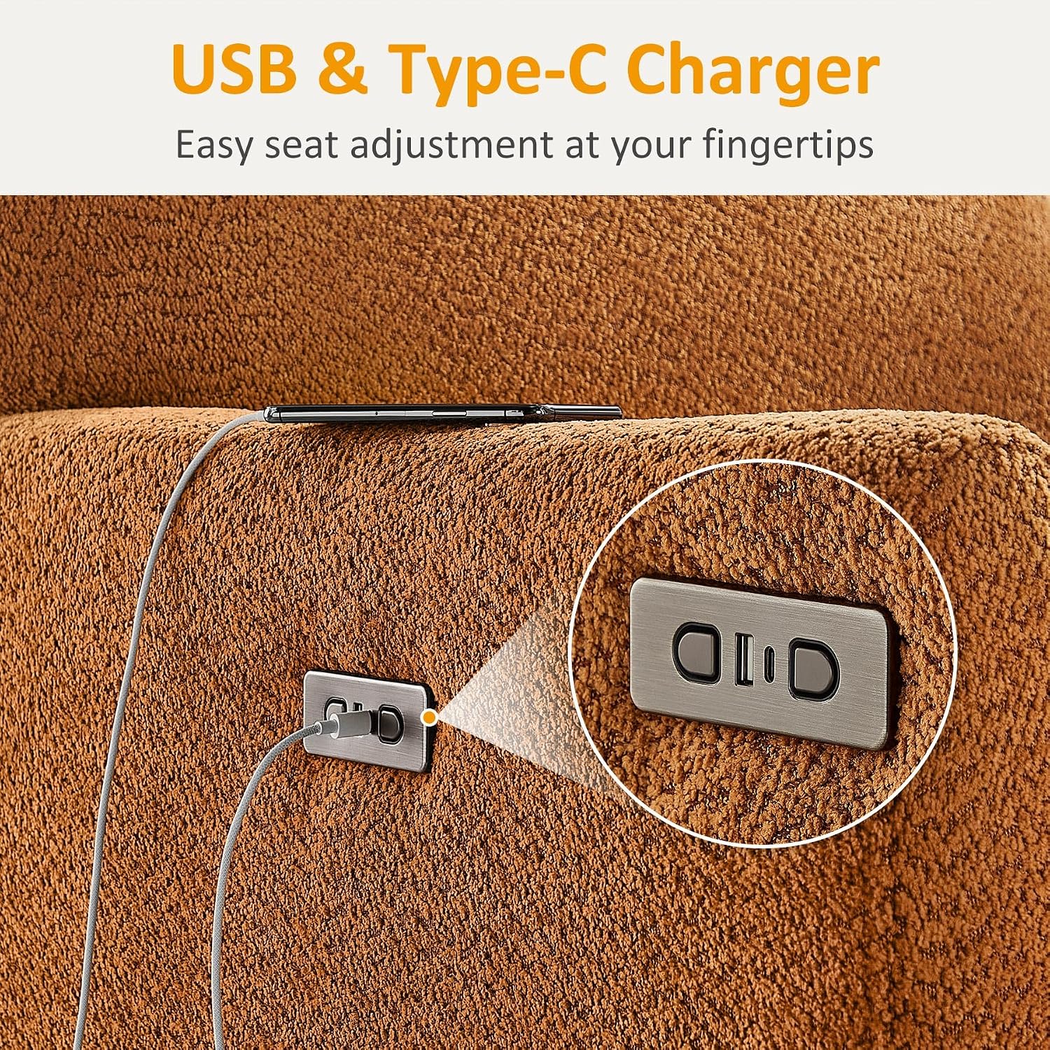 VANOMi Power Recliner Chair, 270° Swivel Nursery Chair with USB Charging Port Comfy Boucle Glider Rocking Chairs for Living Room, Nursery, Bedroom, Curry