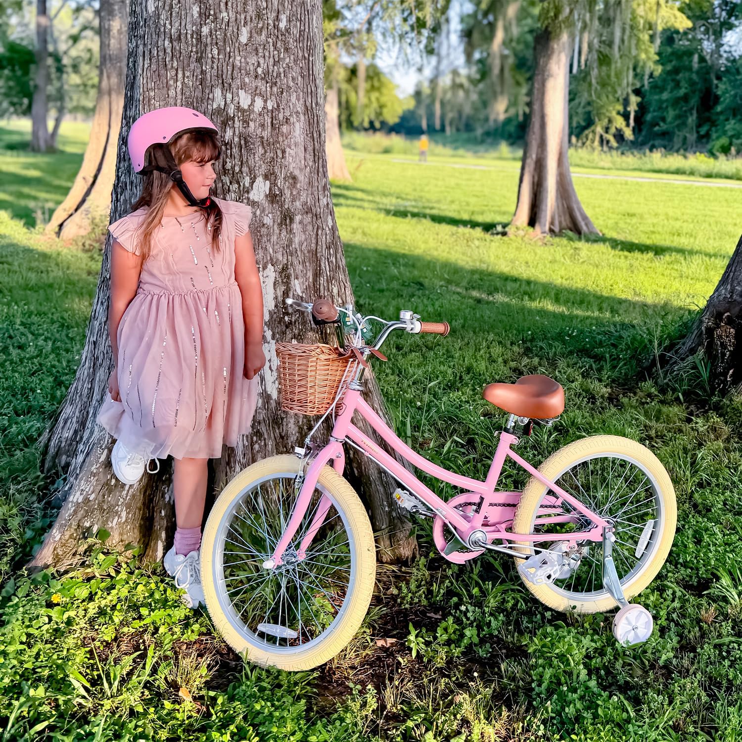 Petimini Vintage Kids Bike for Girls, 12–20 Inch Classic Bicycle with Wicker Basket & Bell, High Tensile Steel Frame, Training Wheels (12–18'), 85% Pre-Assembled, Retro Bike for Outdoor Riding