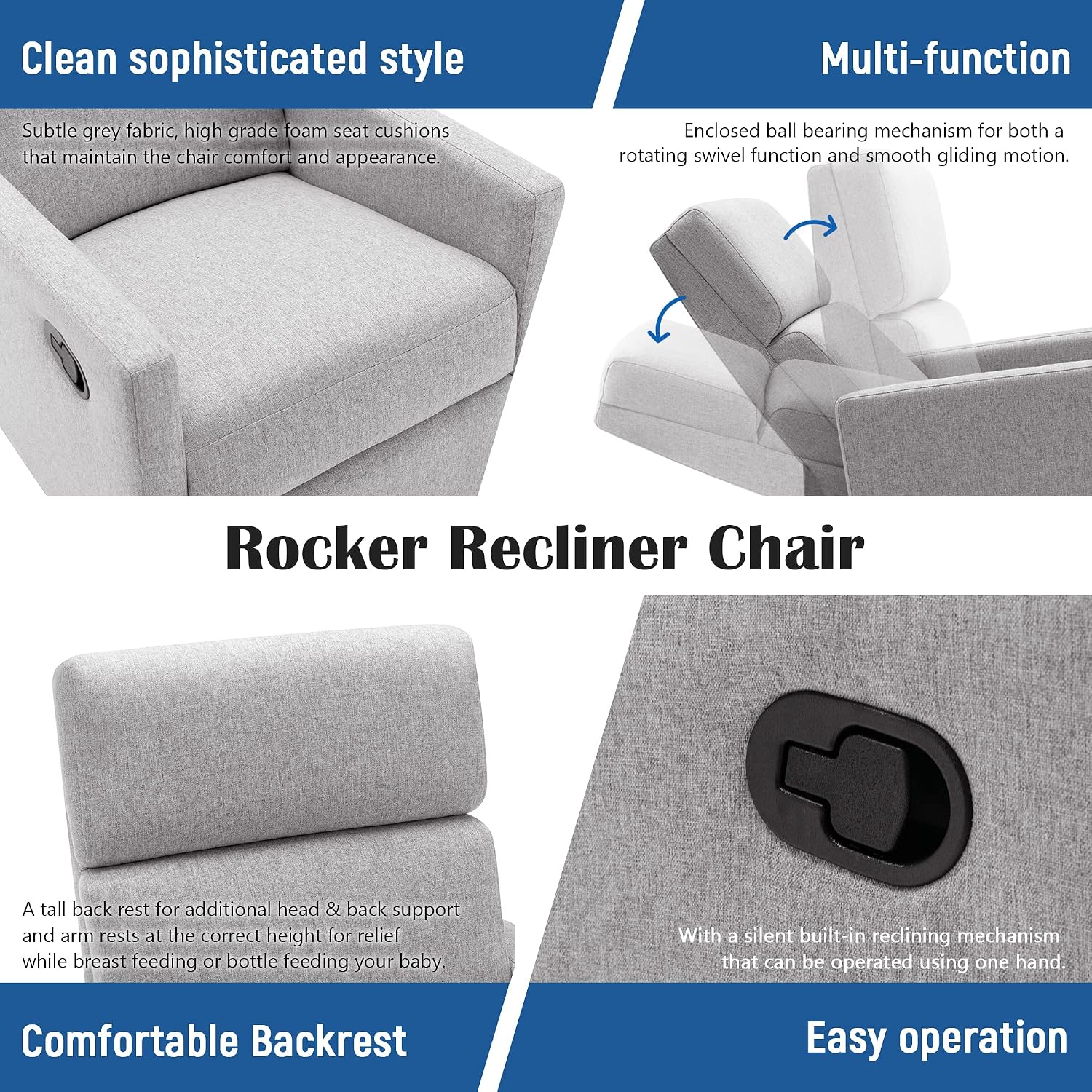 LUMISOL Swivel Rocking Recliner Chair for Adults, Nursery Swivel Glider Chair Manual Reclining Single Sofa Chair, Linen Upholstered Glider Rocker Recliner with High Back, Gray
