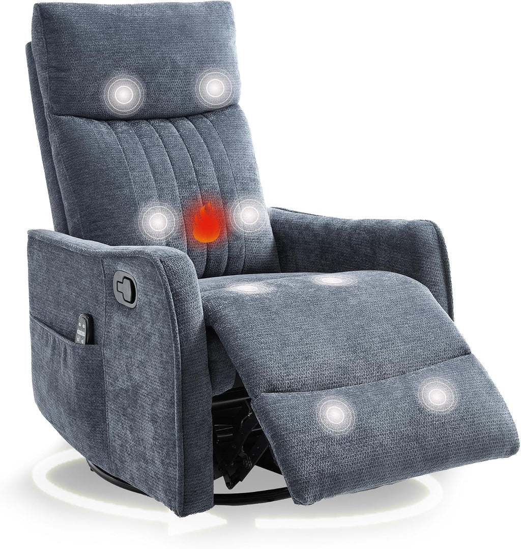 cinkehome Heated Massage Swivel Rocker Recliner Chair for Nursery - Small Space Reclining Chair with Lumbar Support, 360° Swivel & Gentle Rocking, Ergonomic High Back Chenille Fabric Blue