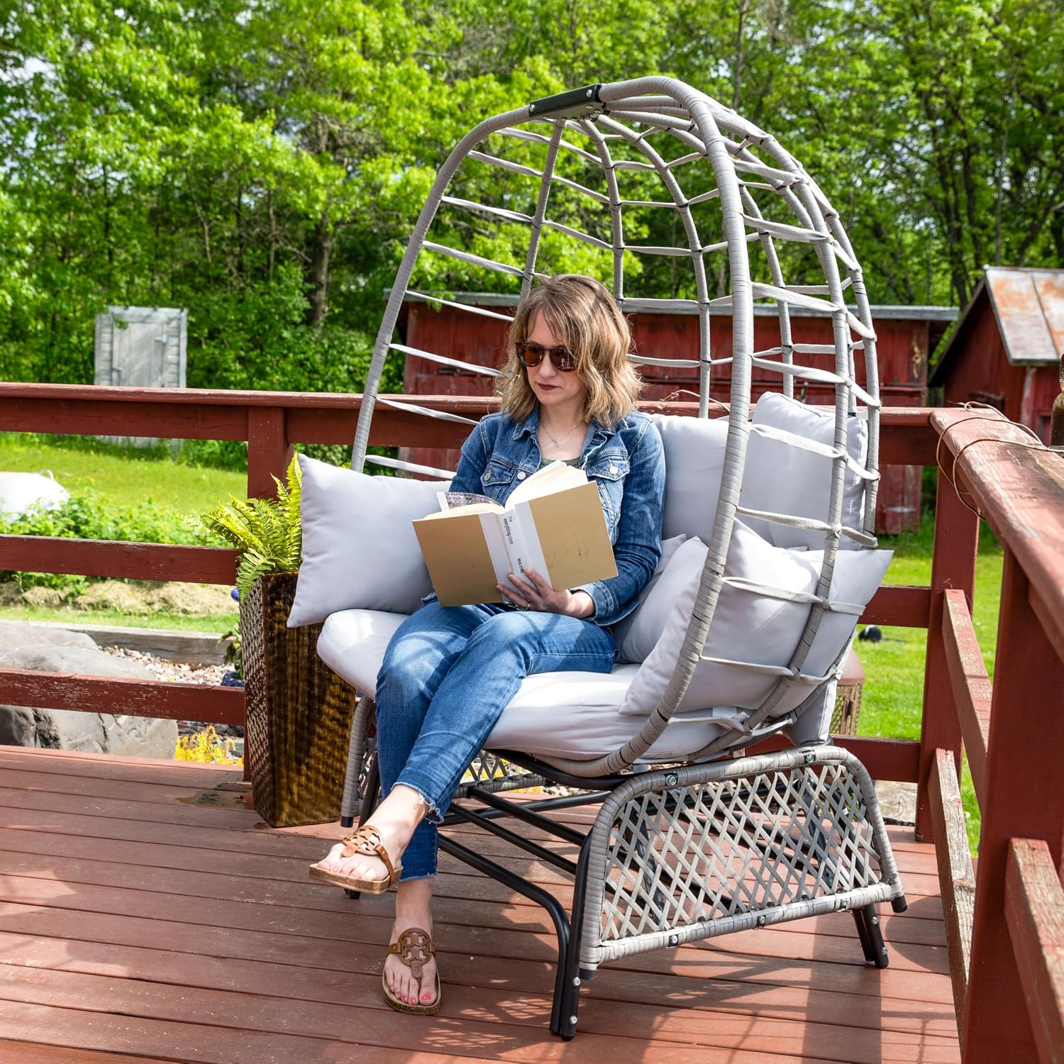 Sunnydaze Double Outdoor Egg Chair with Legs - 2-Seat Glider Rocking Egg Chair with Cushions and Pillows - Gray