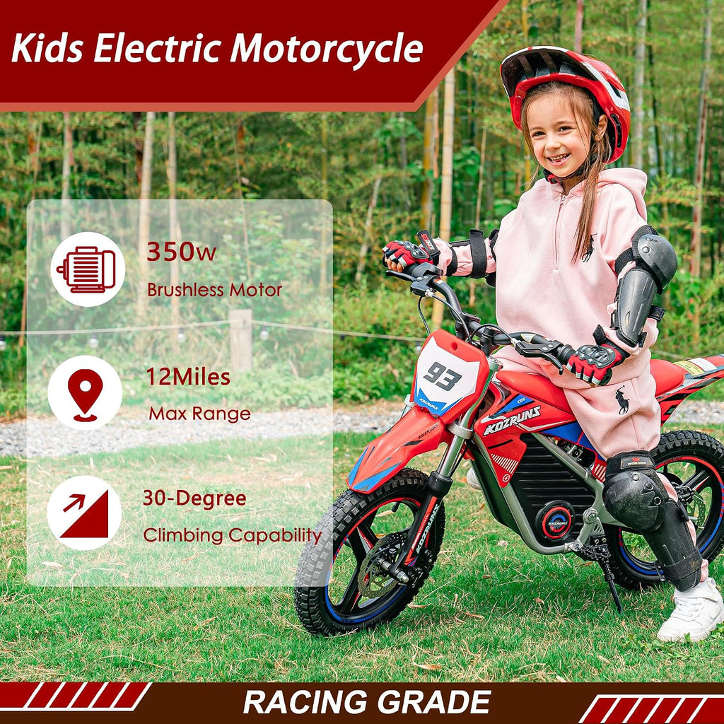 OLALA 36V Electric Dirt Bike for Kids 4-8, 350W Brushless Motor with 3-Speed Control, 18.6 MPH Max Speed, 14' Off-Road Tires Motorcycle, for Boys & Girls, Red