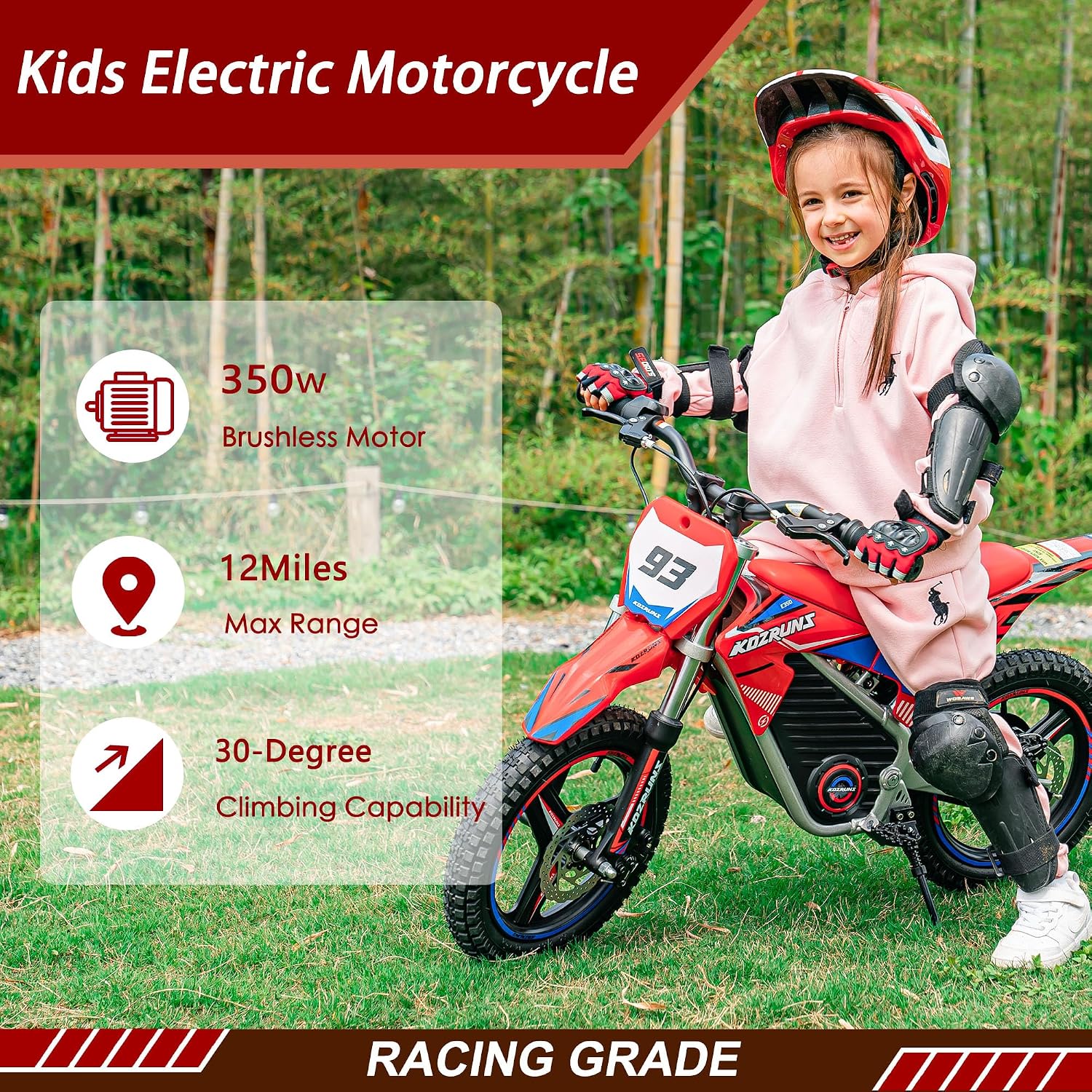 OLALA 36V Electric Dirt Bike for Kids 4-8, 350W Brushless Motor with 3-Speed Control, 18.6 MPH Max Speed, 14' Off-Road Tires Motorcycle, for Boys & Girls, Red