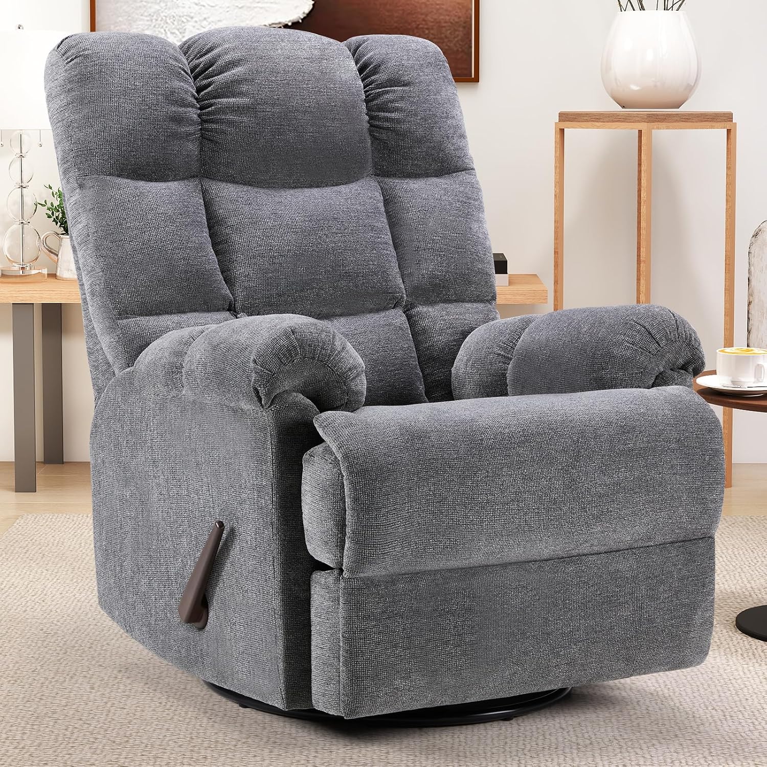 CANMOV Swivel Rocker Recliner for Adults,Glider Rocking Reclining Chair for Nursery,Manual Recliner Chair with Overstuffed Back and Arms for Living Room Bedroom Nursery,Grey