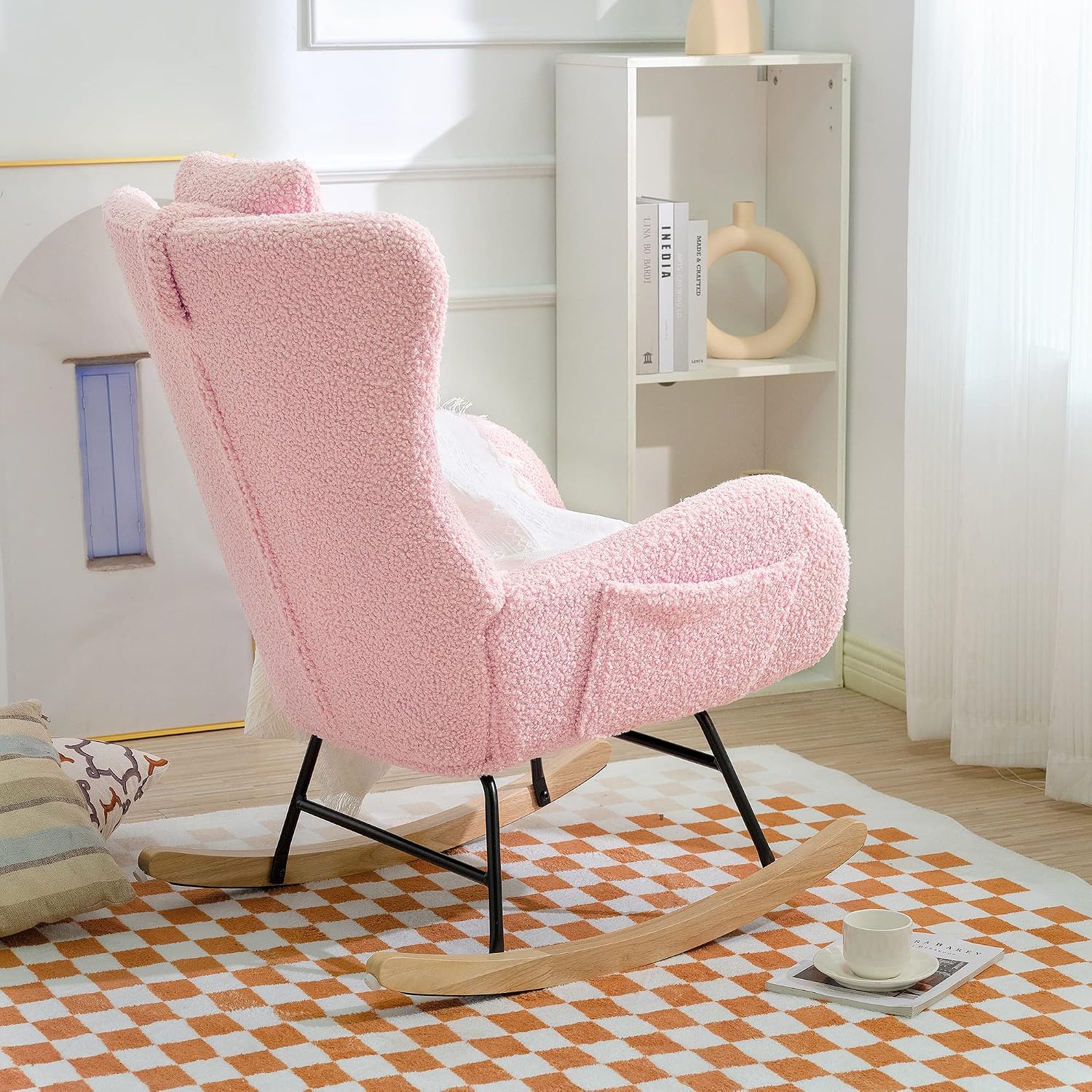GDFStudio Aurla Rocking Chair, Teddy Upholstered Rocker Glider Chair with High Backrest, Adjustable Headrest & Pocket, Comfy Glider Rocker for Bedroom, Living Room, Offices, Rubber Wood, Pink
