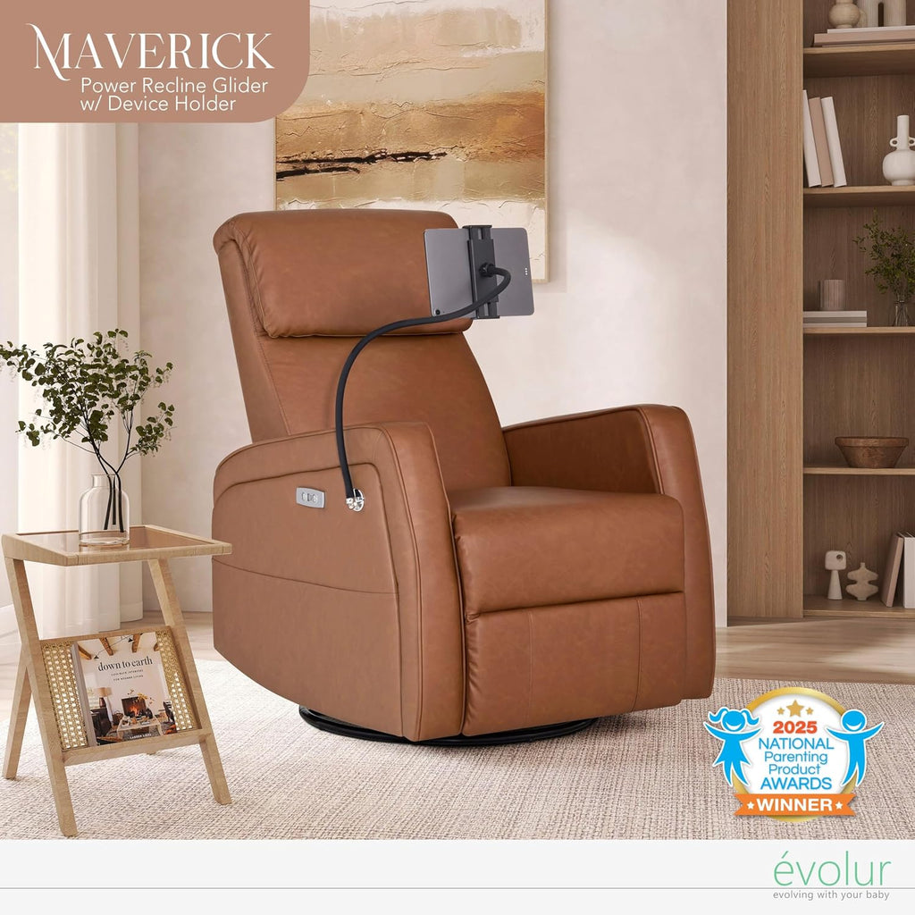 Evolur Maverick Upholstered Power Glider Recliner with Device Holder – Swivel, Rocking & Smooth Power Recline – Greenguard Gold & FSC Certified, Modern Nursery and Living Room Chair in Cognac