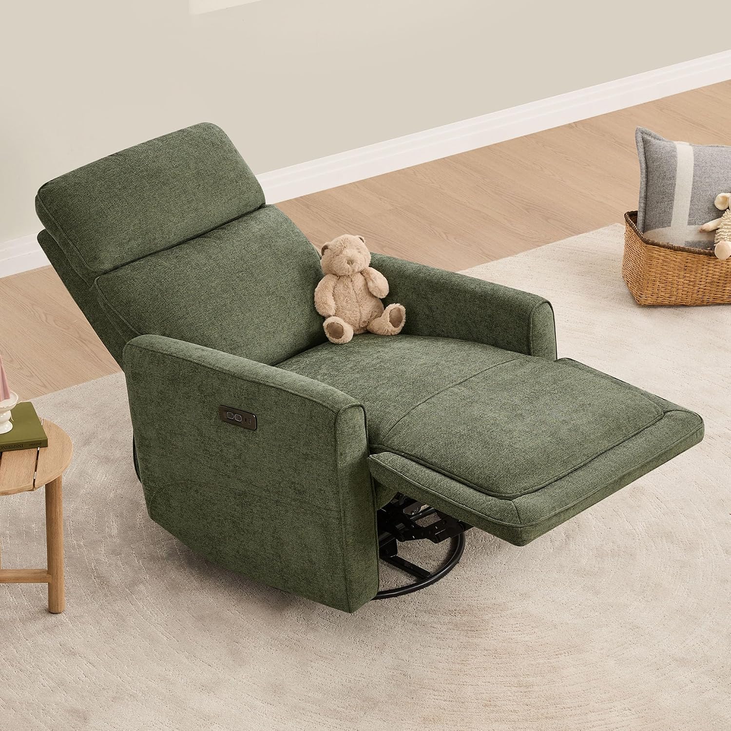 CHITA Power Recliner Chair Swivel Glider with Adjustable Power Headrest, FSC Certified Electronic Modern Nursery Rocking Chair with USB and Type-C Ports, Forest Green