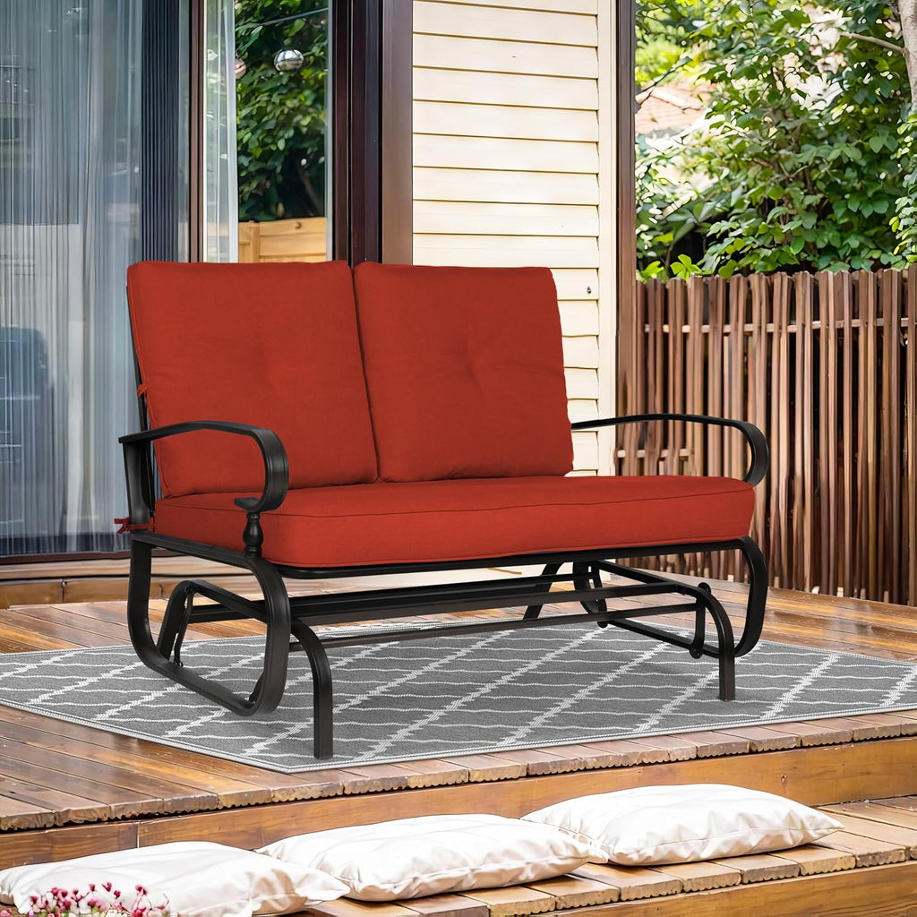 Crownland Outdoor Patio Glider Chair, Rocking Glider Bench for 2 Person, Porch Furniture Loveseat Seating, Wrought Iron Patio Gliders for Outside, Porch, Garden, Classic Red