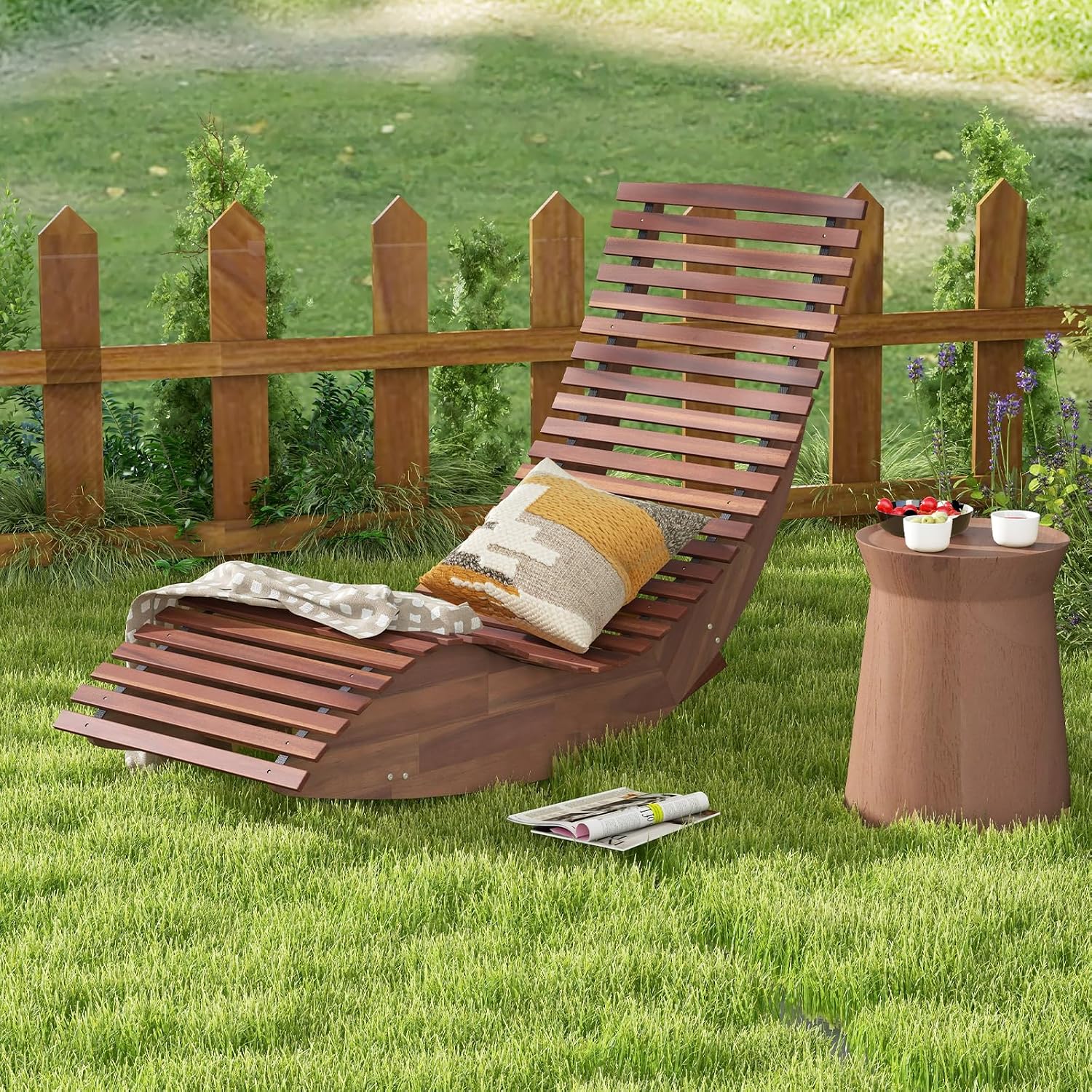 Giantex Outdoor Chaise Lounge Chair, Acacia Wood Patio Lounger with Slatted Design, Rocking Chair, Outdoor Rocker for Sunbathing, Poolside, Beach Lounge Chairs (1, Natural)
