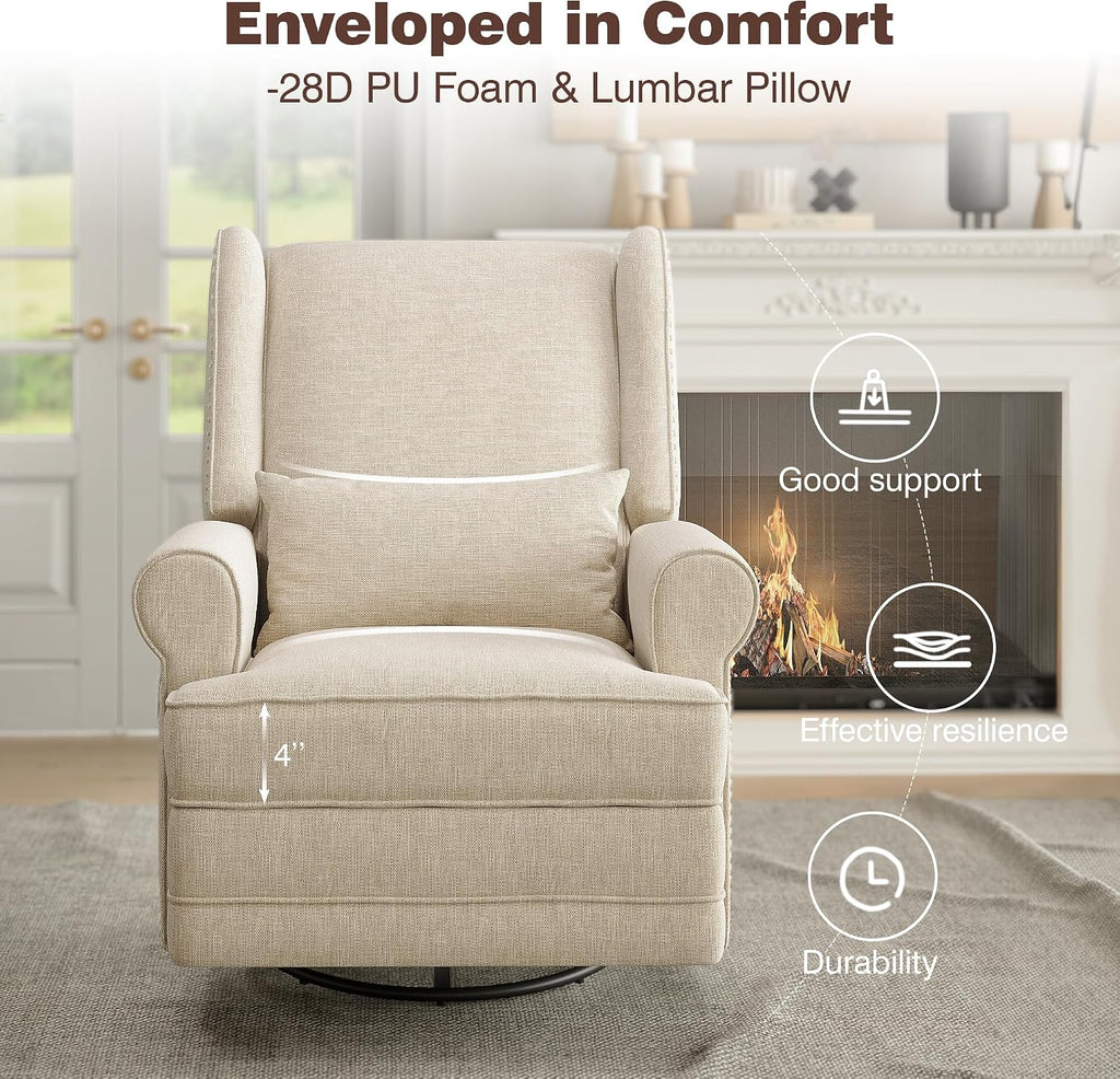 RoyalCraft Swivel Recliner Chair with Extra Large Footrest, Comfy Upholstered Glider Rocking Chair for Living Room, Bedroom and Ofice, Beige