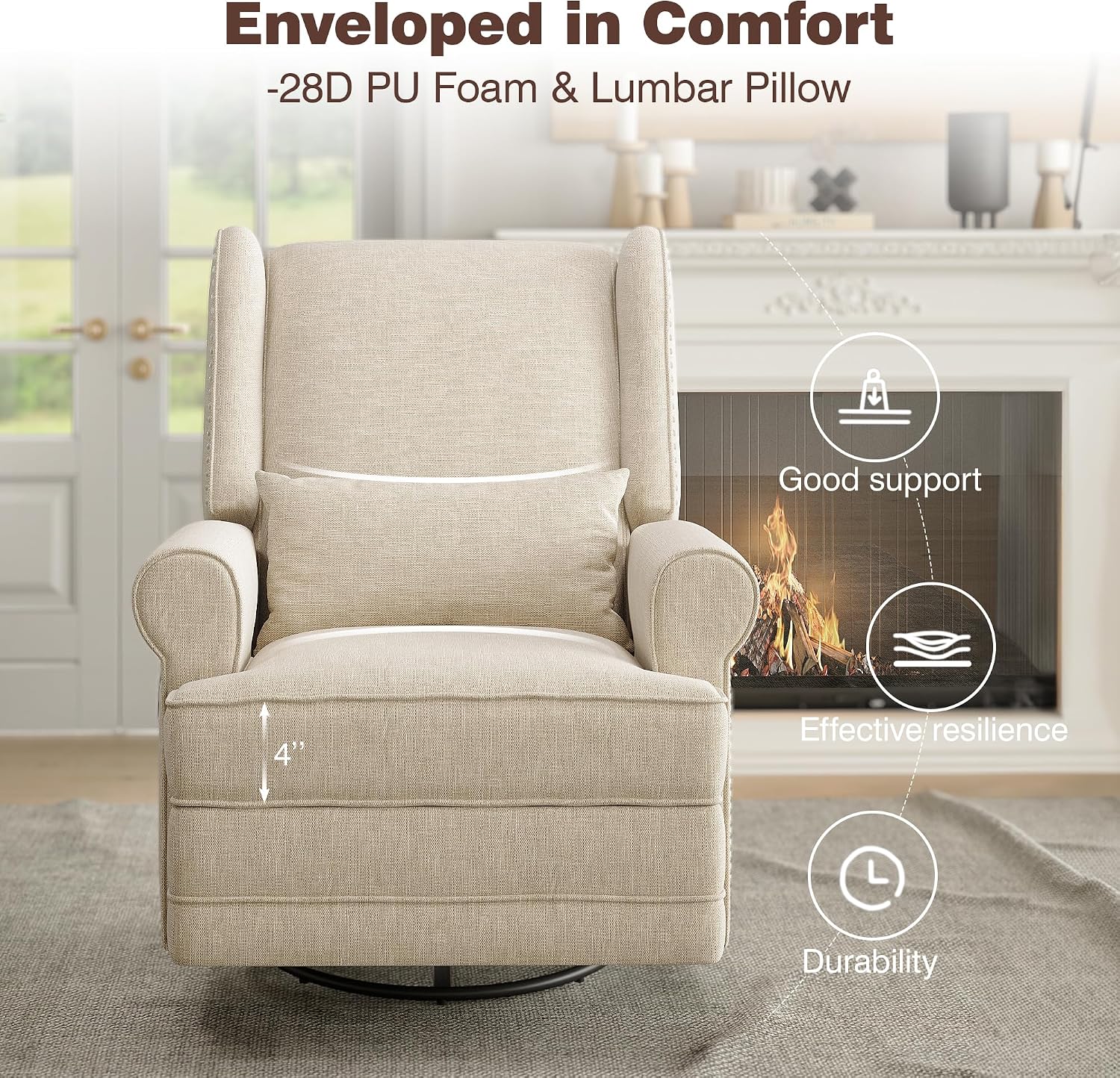 RoyalCraft Swivel Recliner Chair with Extra Large Footrest, Comfy Upholstered Glider Rocking Chair for Living Room, Bedroom and Ofice, Beige