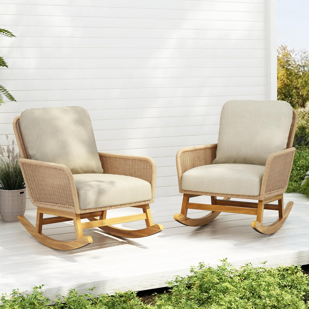 Christopher Knight Home Nadine Patio Rocking Chairs Set of 2, Wicker Rocker, Wood Rocking Chair, PE Rattan Wick Chair, Rocking Chair with Cushions, Comfort Wicker Rocker for Backyard Balcony, Beige