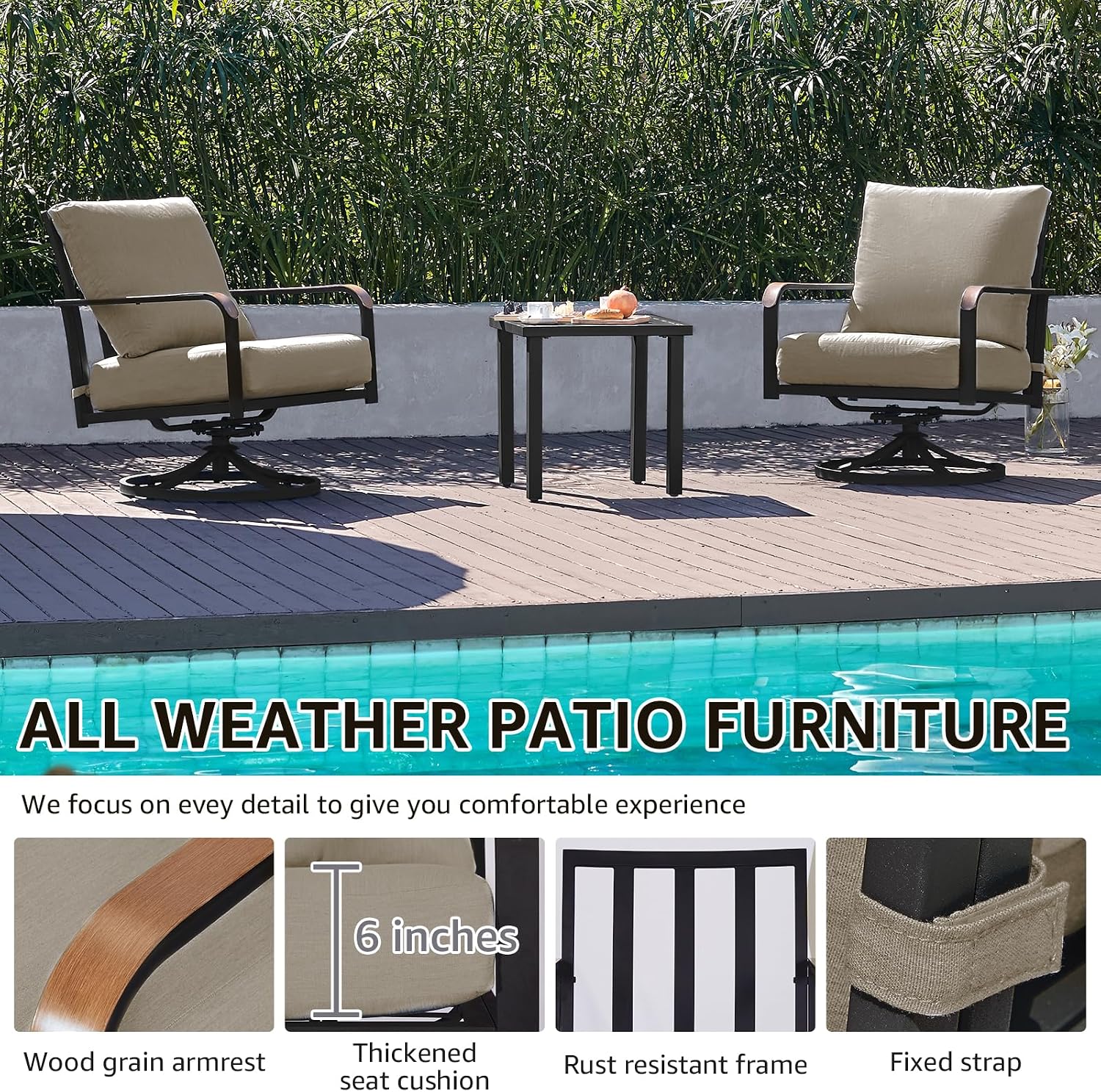 NATURAL EXPRESSIONS Outdoor Bistro Set, 3 Piece Patio Swivel Glider Rocking Chairs Patio Conversation Furniture Set with 2 Rockers,Metal Table, 6' Thick Cushions for Backyard,Porch,Balcony,350lbs