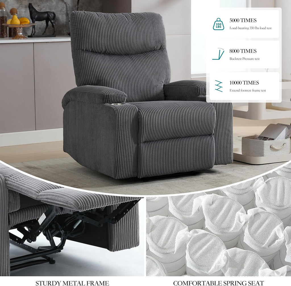 Manual Recliner Chair with Pull Ring, 3 Position 140° Reclining Sofa for Living Room, Nursery, RV, and Office,Oversized Recliner Chairs for Adults(Grey Corduroy Fabric)