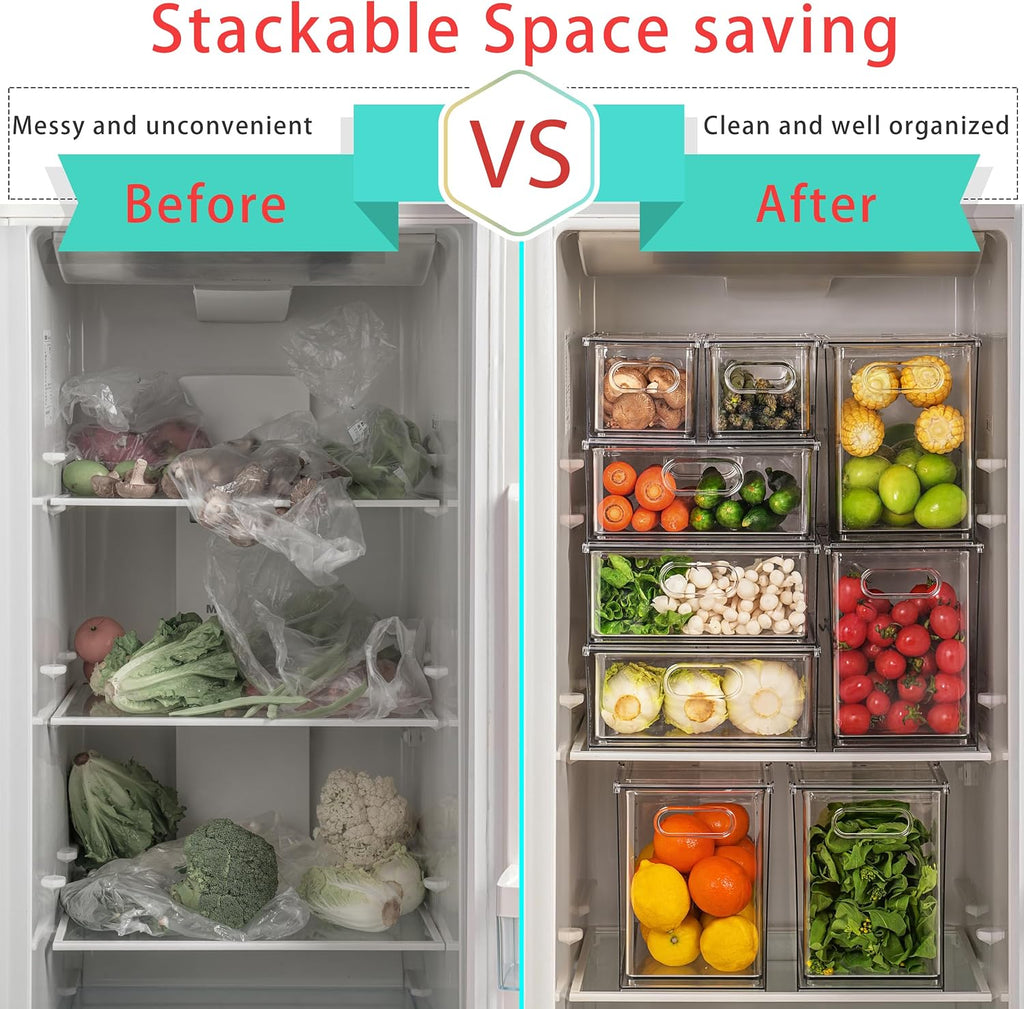7Pack Clear Fridge Drawer Organizer Pull out Bins Stackable Refrigerator Organizer Bins with Handle for Kitchen Cabinet Organization Divided Produce Saver Container for Fruit Veggie Egg