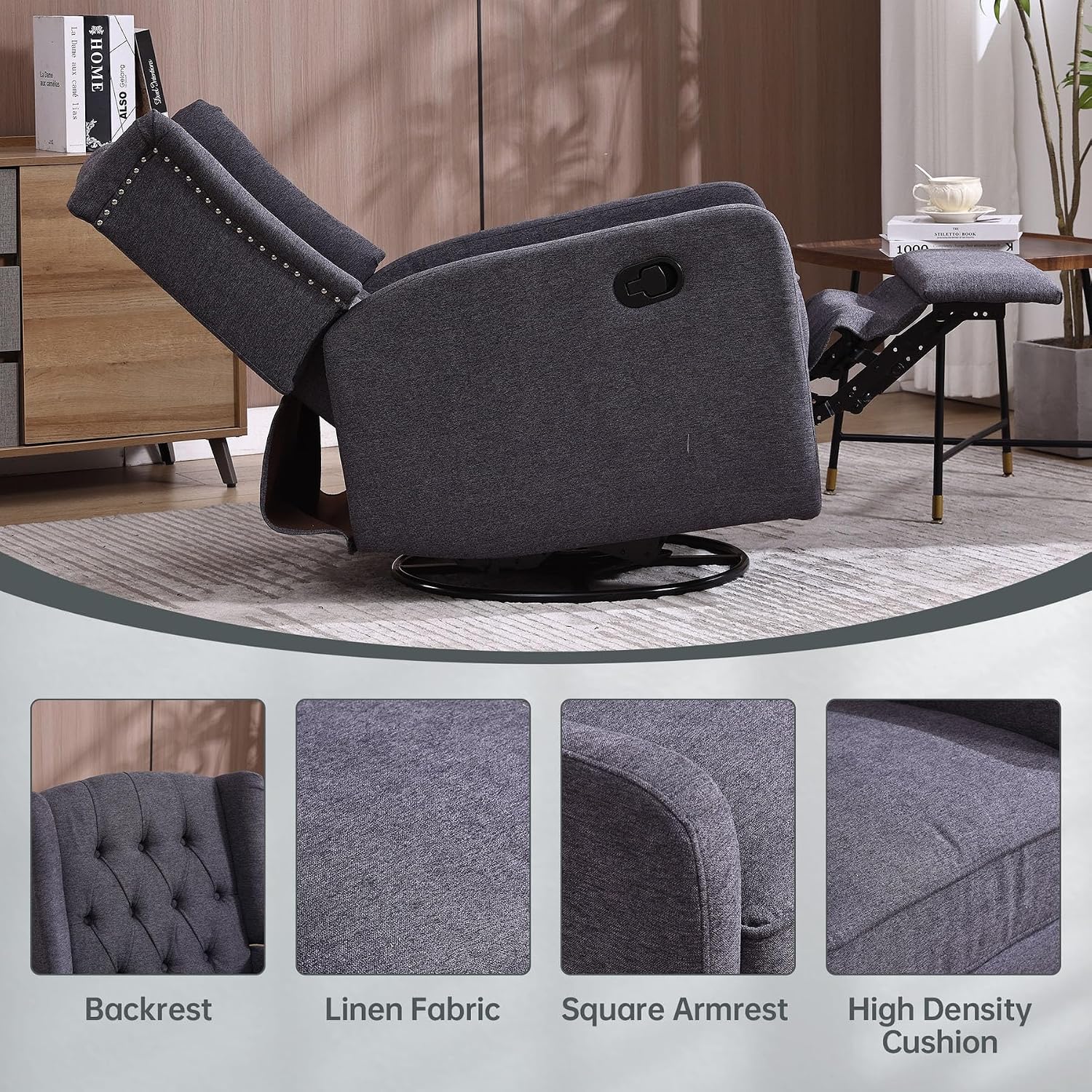 HRVEOCEI Glider Recliner Nursery Chair, Cozy Linen Rocking Chair Nursery Recliner with Adjustable Button Backrest and Footrest, Swivel Recliner Chair for Living Room, Bedroom, Office (Dark Gray)