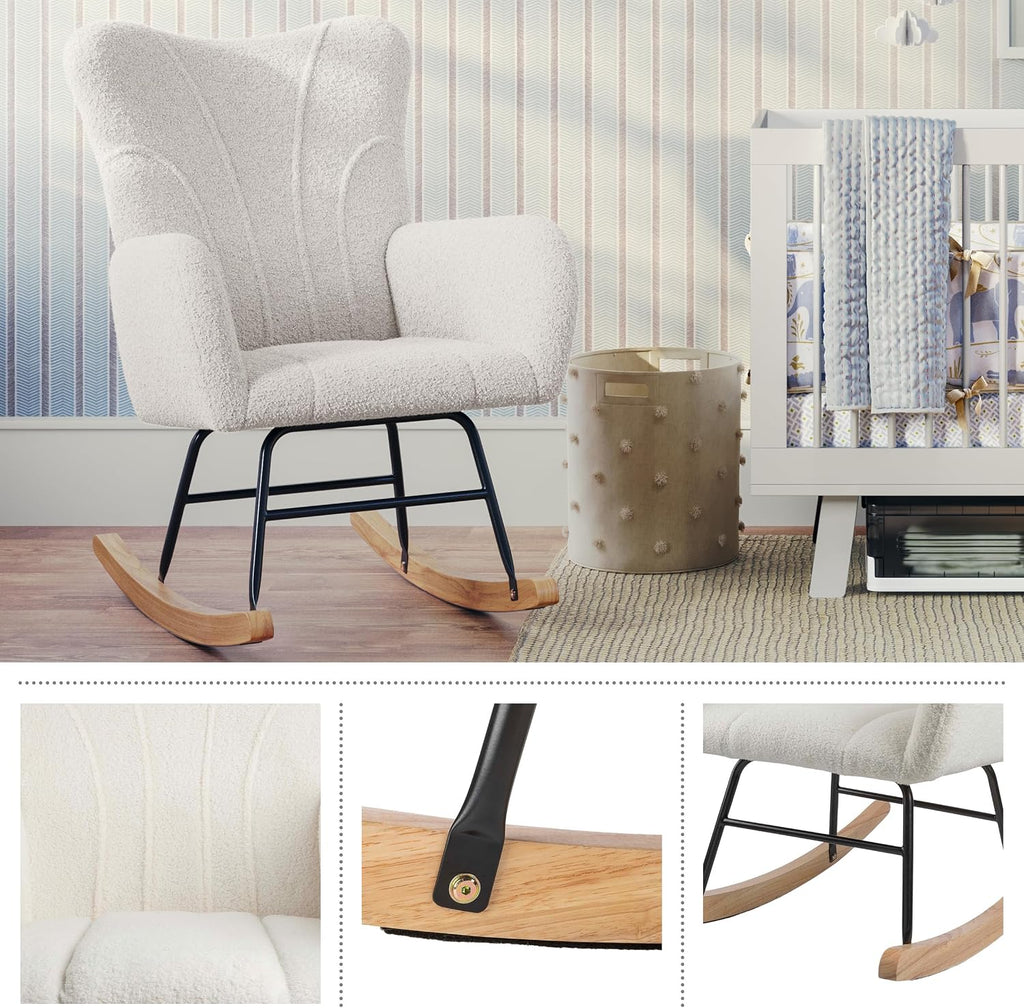 Lavish Home Rocking Chair - Teddy Fabric Upholstered Chair with Padded Seat and Contoured Armrests - Ergonomic Modern Rocker for Bedroom (Cream)