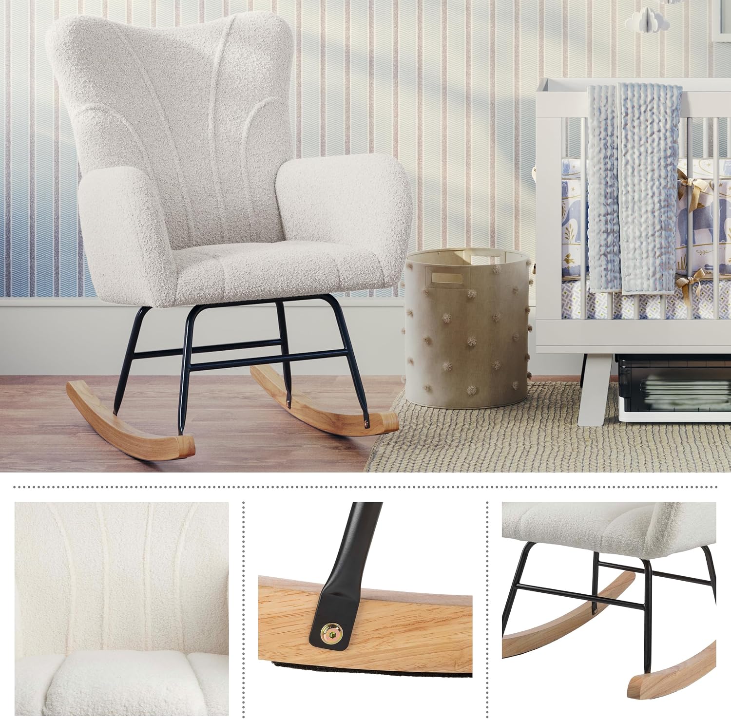 Lavish Home Rocking Chair - Teddy Fabric Upholstered Chair with Padded Seat and Contoured Armrests - Ergonomic Modern Rocker for Bedroom (Cream)