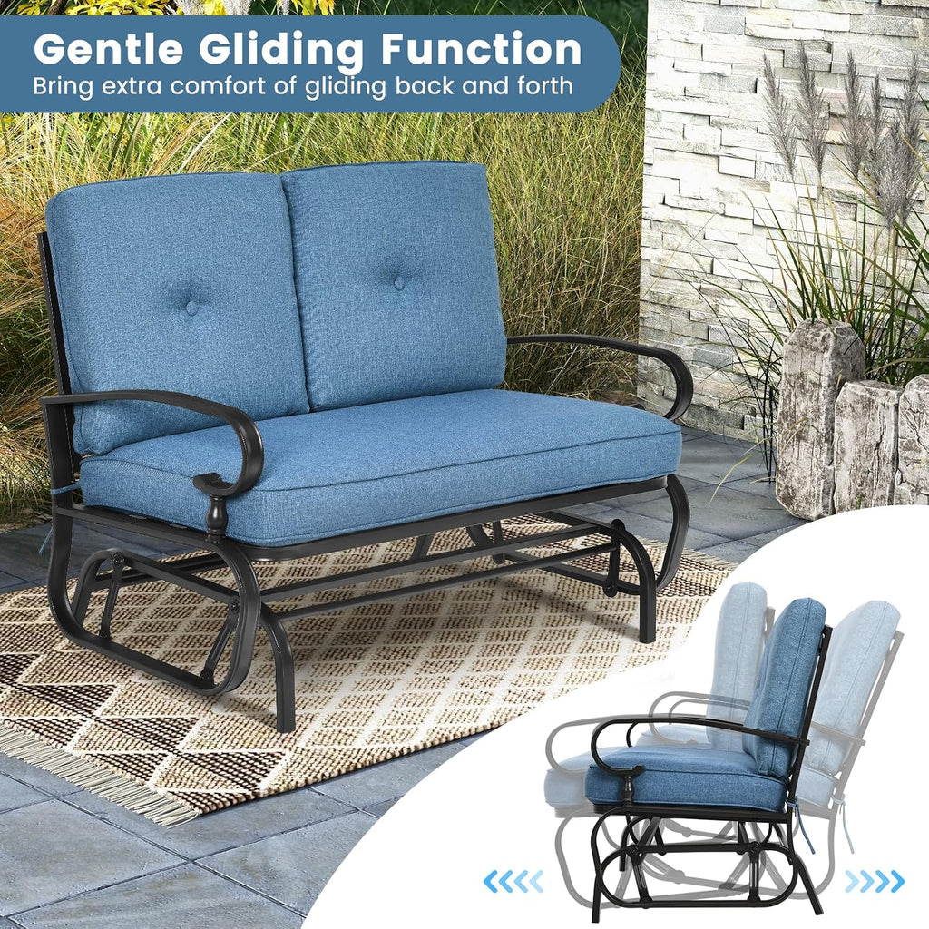 Tangkula Outdoor Swing Glider Chair, Patio Glider Bench for 2 Persons, Outdoor Rocking Loveseat with Steel Frame & Comfortable Cushions for Garden, Porch, Balcony, Poolside (Blue)