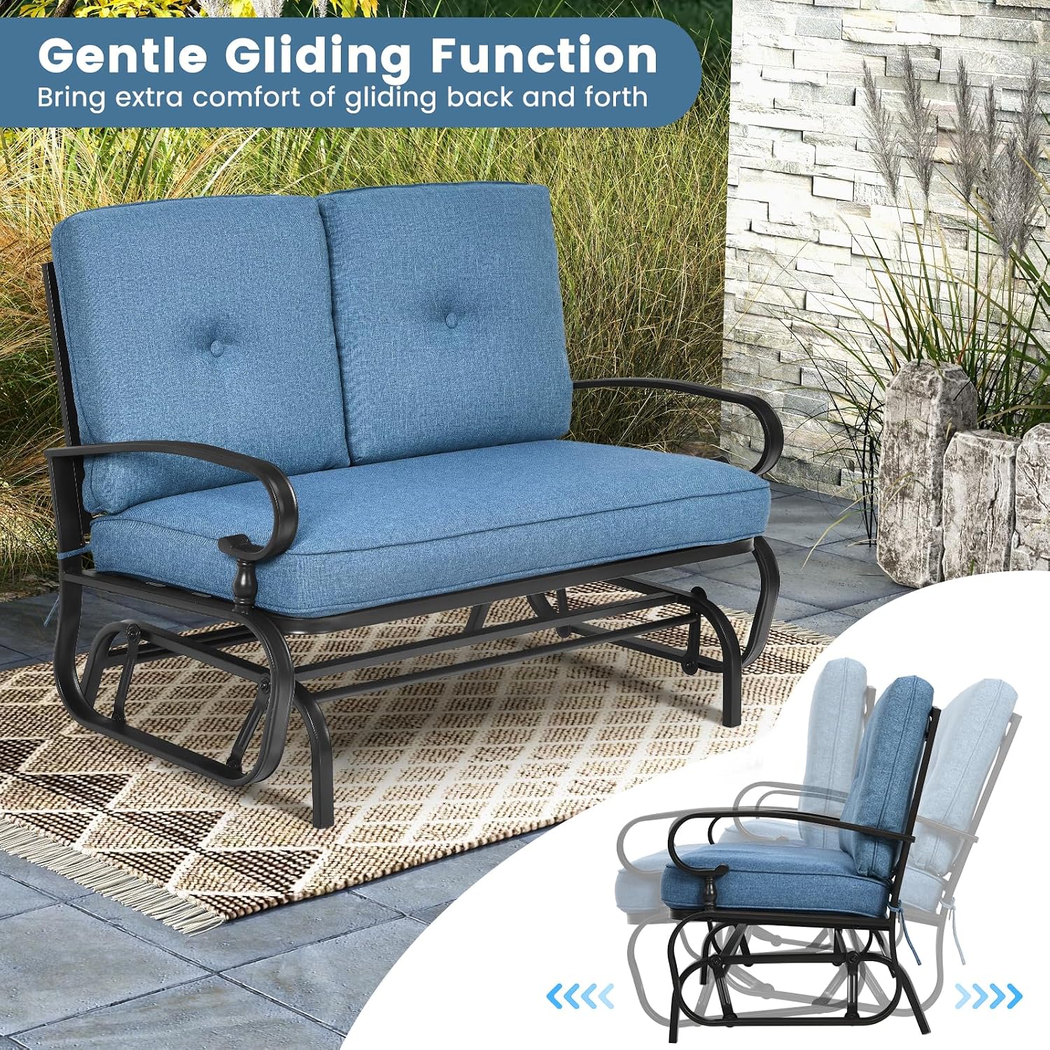 Tangkula Outdoor Swing Glider Chair, Patio Glider Bench for 2 Persons, Outdoor Rocking Loveseat with Steel Frame & Comfortable Cushions for Garden, Porch, Balcony, Poolside (Blue)