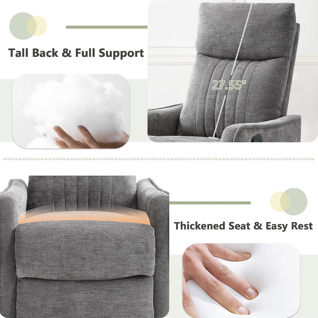 cinkehome Heated Massage Swivel Rocker Recliner Chair for Nursery - Small Space Reclining Chair with Lumbar Support, 360° Swivel & Gentle Rocking, Ergonomic High Back Chenille Fabric Gray