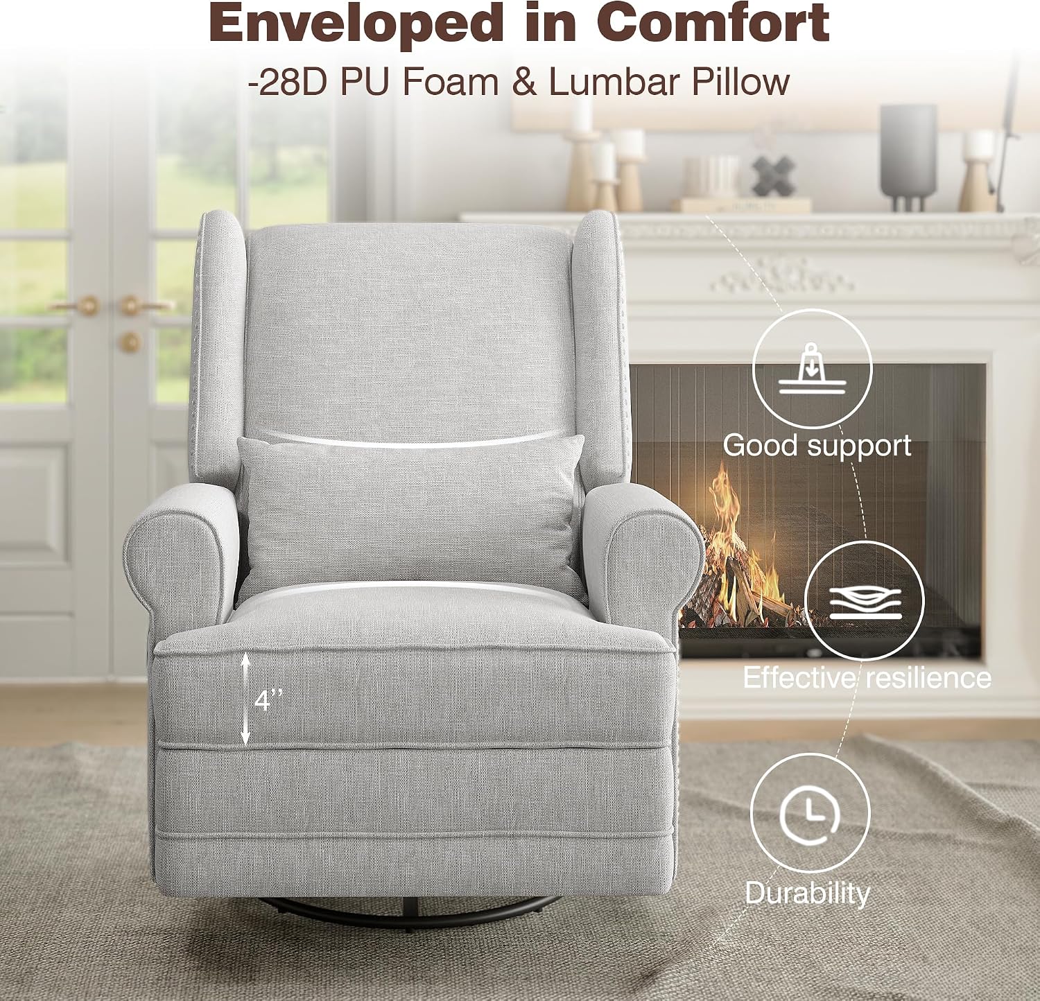 May in Color Swivel Recliner Chair with Extra Large Footrest, Comfy Upholstered Glider Rocking Chair for Living Room, Bedroom and Ofice, Grey