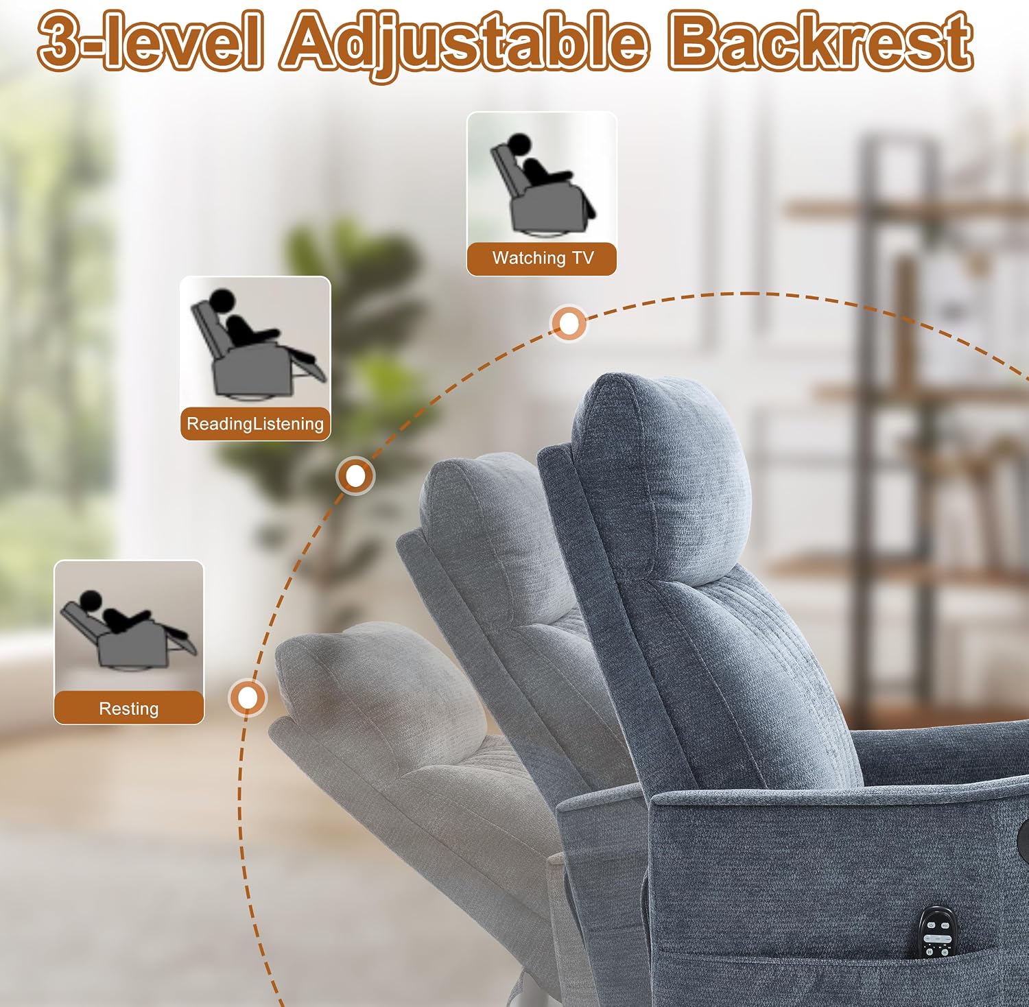 Manual Swivel Rocker Recliner Chair for Adults, Overstuffed Recliner Glider with Massage and Heat, Living Room Reclining Chair, Fabric Blue