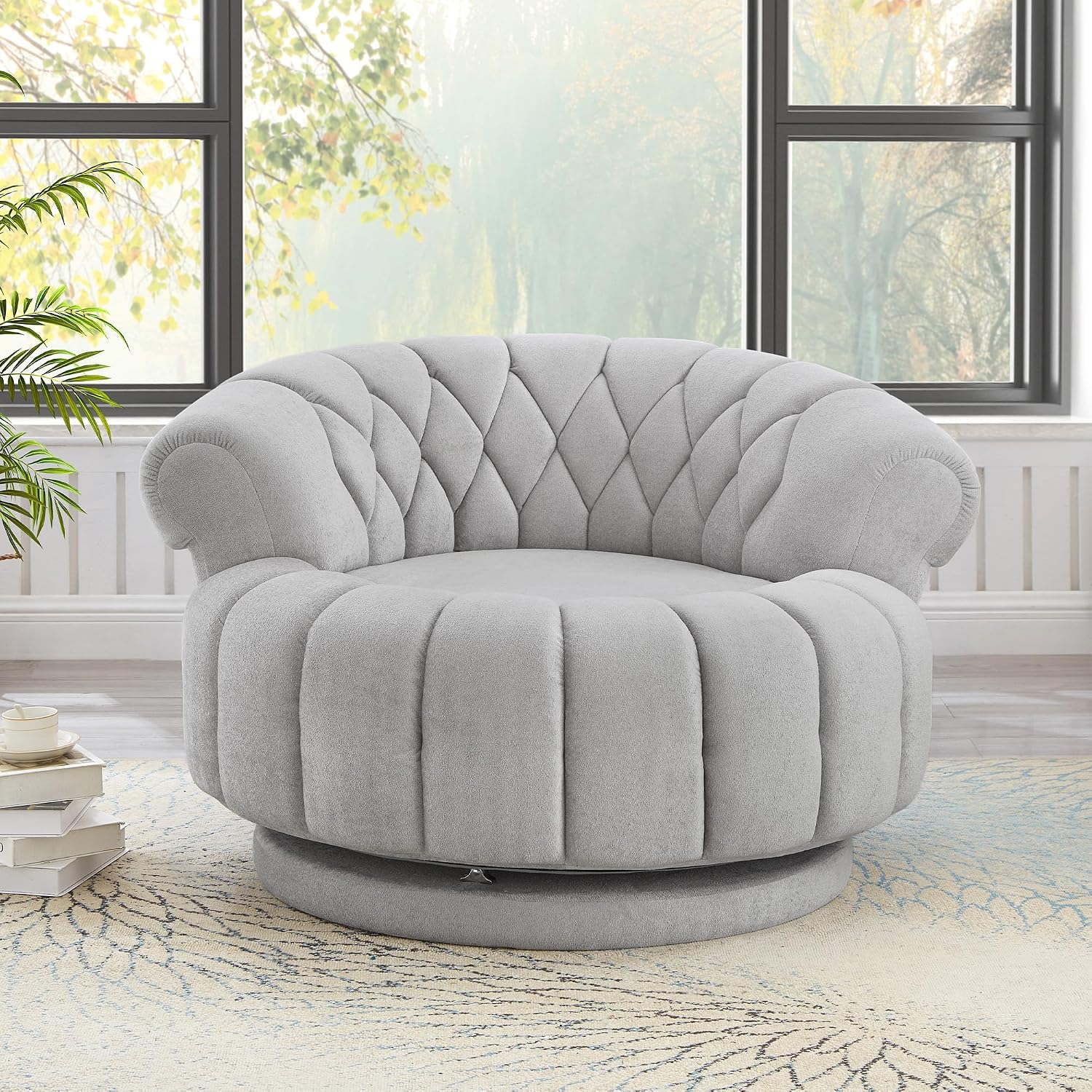 360° Swivel Accent Chair, Chenille Fabric Barrel Swivel Chair Round Club Chair with Curved Armrests & Thick Cushioning, Stylish Channel-Tufted & Diamond-Quilted Backrest for Living Room (Gray,02)