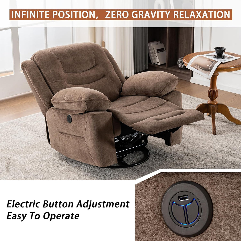 Ketaiyou Power Swivel Rocker Recliner with Massage and Heat, USB Port, Infinite Position, Oversized Electric Glider Rocking Chairs Living Room, Soft Fabric Reclining Sofa Chair(Mocha)