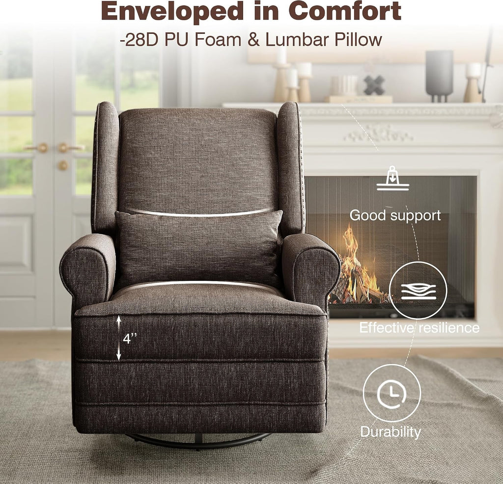 May in Color Nursery Glider Recliner, Comfy Upholstered Glider Chair with Lumbar Pillow and Footrest, Swivel Rocking Chair for Bedroom, Living Room, Brown
