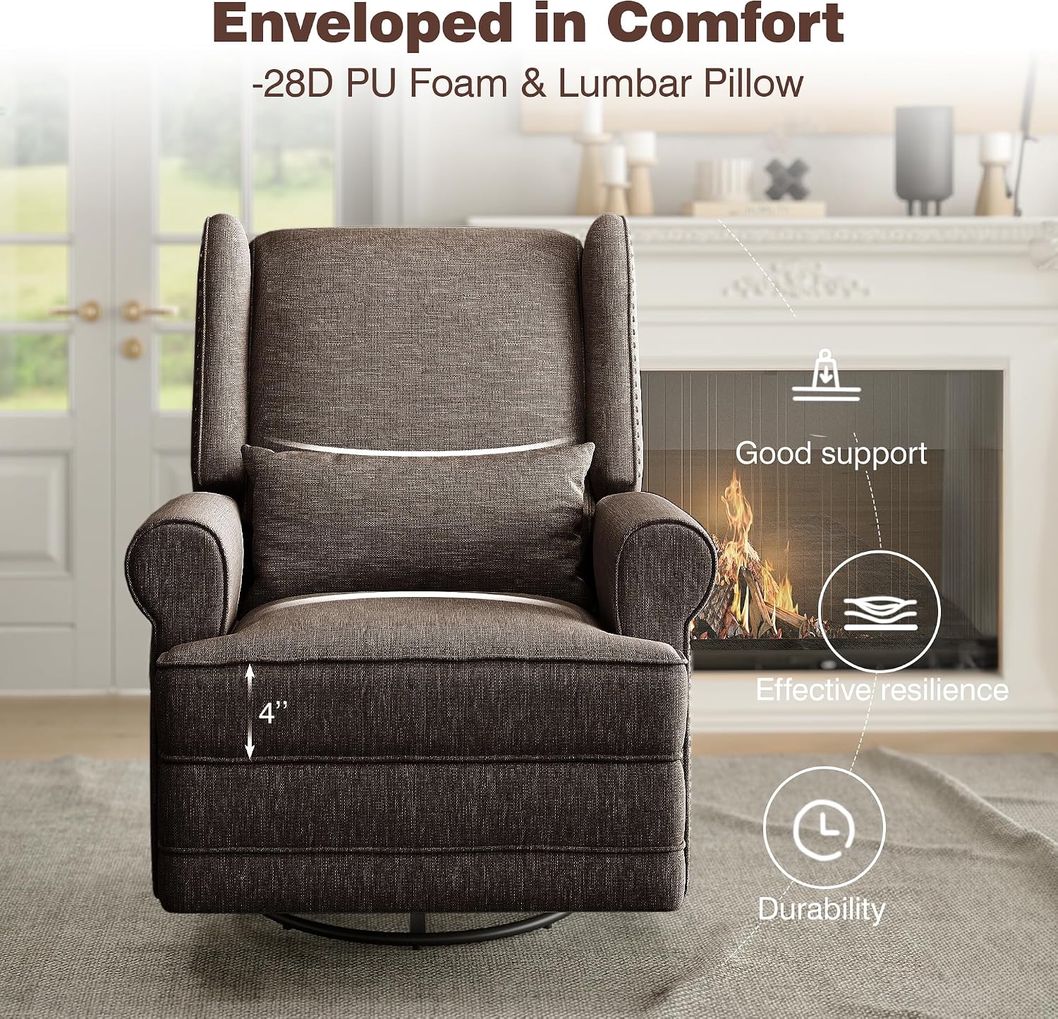 May in Color Nursery Glider Recliner, Comfy Upholstered Glider Chair with Lumbar Pillow and Footrest, Swivel Rocking Chair for Bedroom, Living Room, Brown