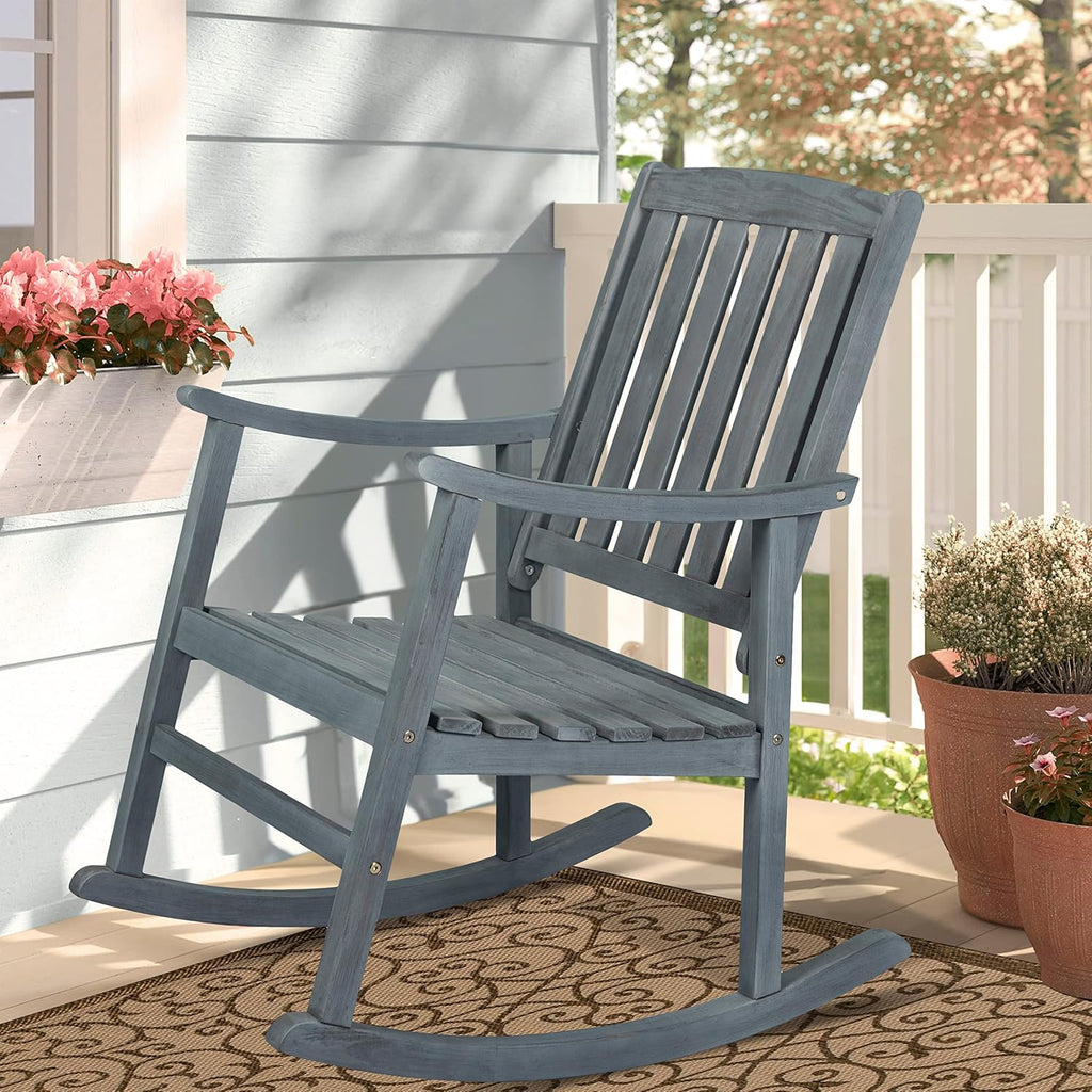 JONATHAN Y RCK102B Penny Classic Slat-Back 300-Lbs Support Acacia Wood Patio Outdoor Rocking Chair for Garden, Lawn, Backyard, Pool, Deck, Beach, Firepit, Gray