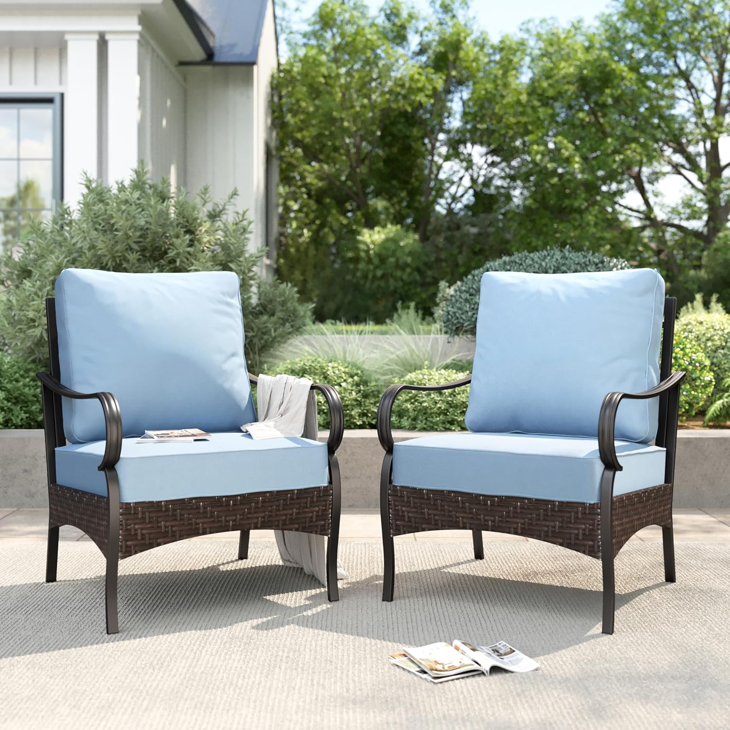 PHI VILLA Patio Chairs Set of 2, Outdoor Wicker Chairs with Thick Cushion, All Weather High Back Outdoor Furniture for Balcony Porch and Yard