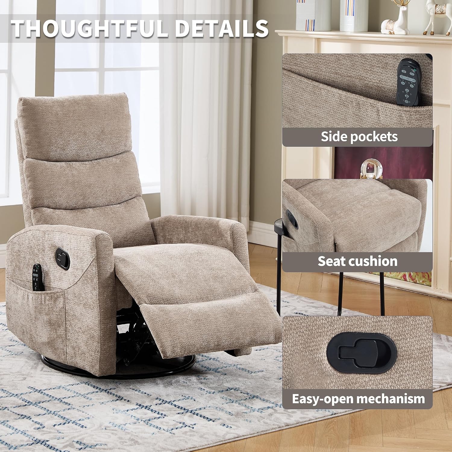 Manual Swivel Rocker Recliner Chair for Adults, Overstuffed Reclining Glider Chair for Nursing with Vibration Massage & Heat, Living Room Rocking Recliner 3-Stage backrest, Chenille Fabric Khaqi