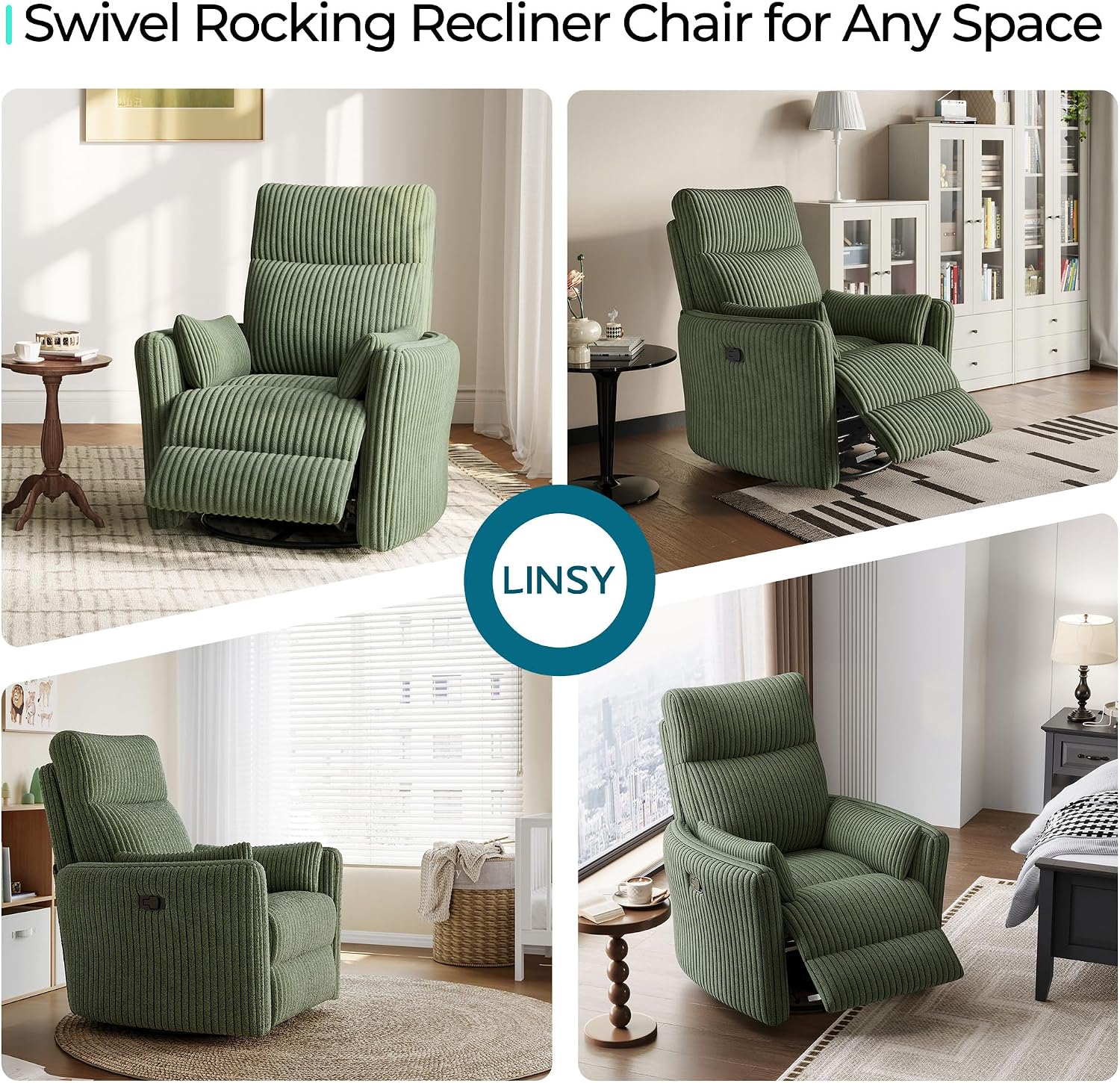 LINSY 360 Swivel Recliner Chair, Nursery Glider Rocking Chair with 2 Pillows, Corduroy Nursing Chair Comfy High Back Adult Rocker Recliner for Small Spaces, Nursery Bedroom Living Room (Green)