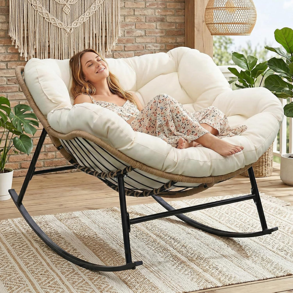 RADIATA Rocking Egg Chair Outdoor, Oversized Papasan Rocker with Cushion, 450 lbs Extra Wide Rocking Lounge Chairs, PE Wicker Big Comfy Sturdy Recliner Glider for Patio Porch Garden Living Room Beige