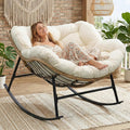 RADIATA Rocking Egg Chair Outdoor, Oversized Papasan Rocker with Cushion, 450 lbs Extra Wide Rocking Lounge Chairs, PE Wicker Big Comfy Sturdy Recliner Glider for Patio Porch Garden Living Room Beige