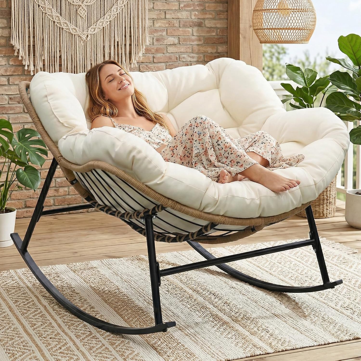 RADIATA Rocking Egg Chair Outdoor, Oversized Papasan Rocker with Cushion, 450 lbs Extra Wide Rocking Lounge Chairs, PE Wicker Big Comfy Sturdy Recliner Glider for Patio Porch Garden Living Room Beige