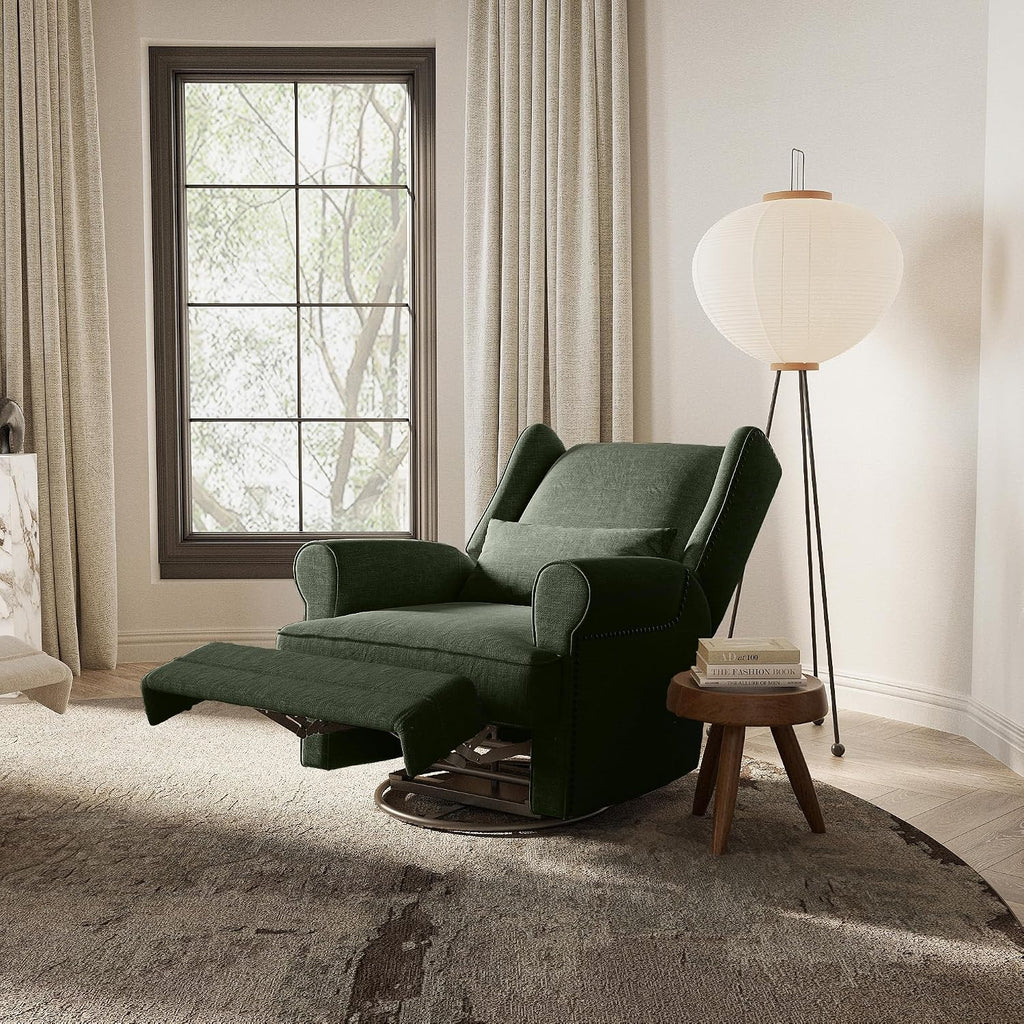 RoyalCraft Swivel Recliner Chair, Comfy Glider Rocking Chairs with Lumbar Pillow and Footrest, Upholstered Swivel Rocking Chair for Bedroom, Dark Green
