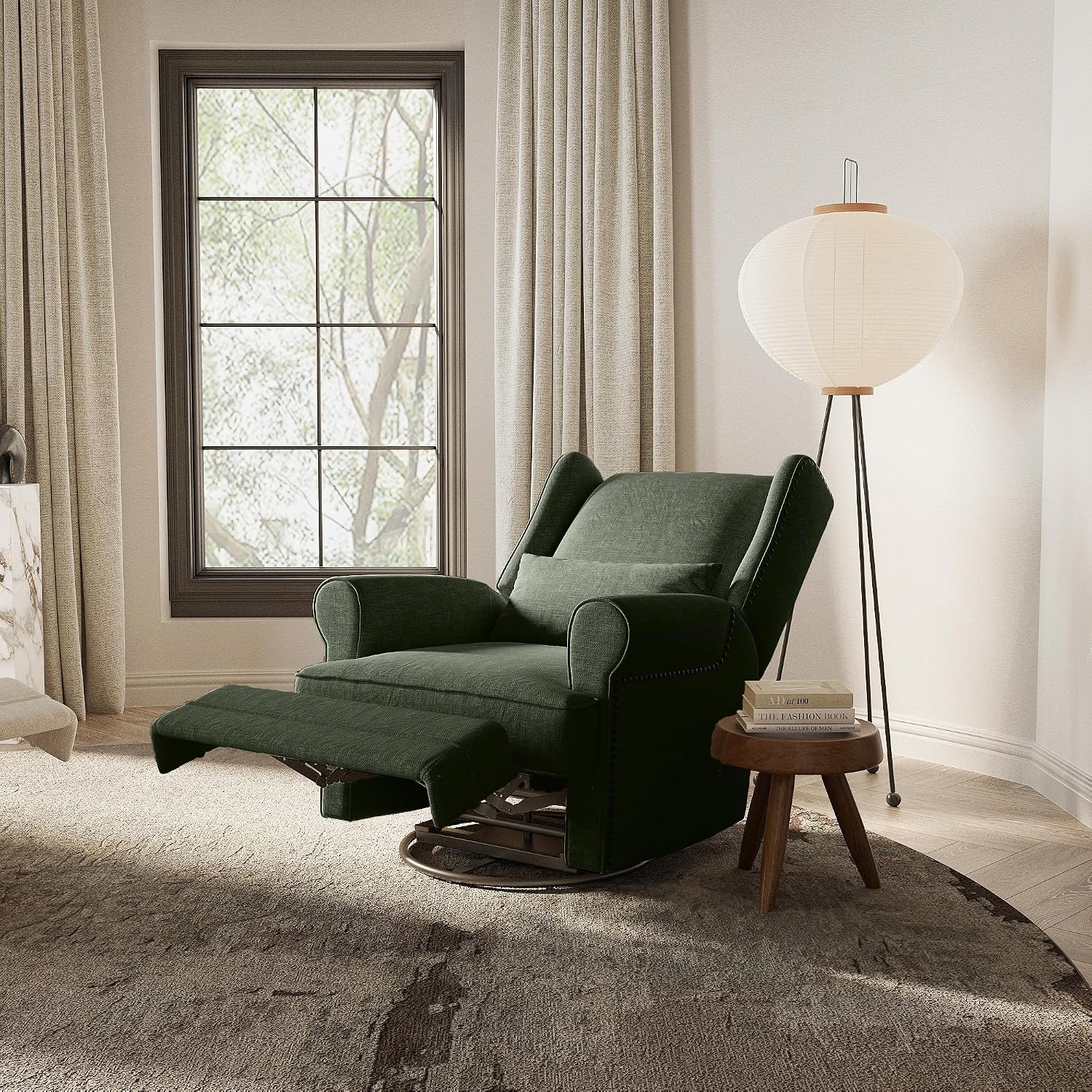 RoyalCraft Swivel Recliner Chair, Comfy Glider Rocking Chairs with Lumbar Pillow and Footrest, Upholstered Swivel Rocking Chair for Bedroom, Dark Green
