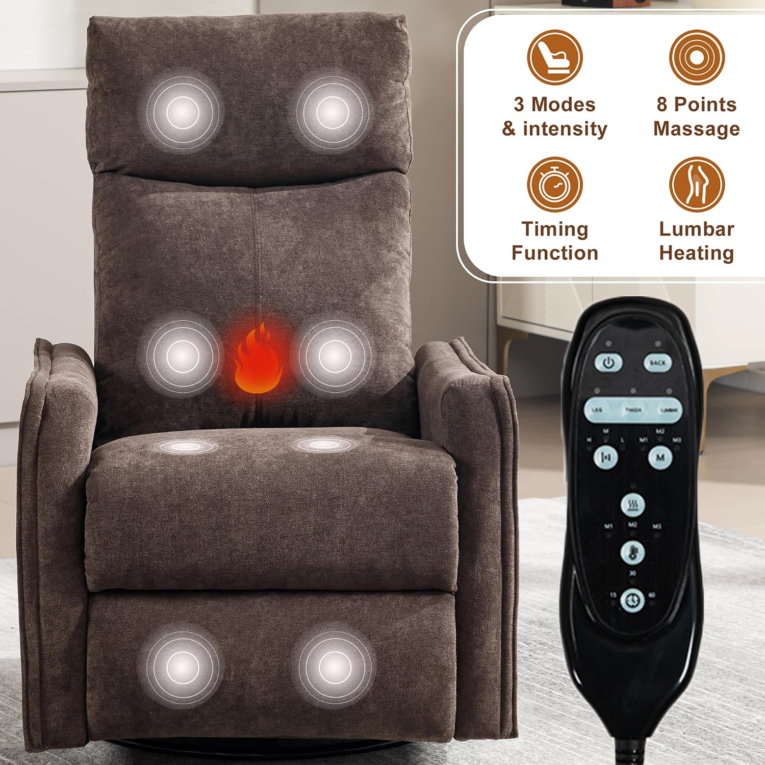 cinkehome Swivel Rocker Recliner, Glider Rocker Recliner Chair for Nursery, Manual Reclining Chair with Heated Massage, Small Spaces, Living Room, Linen Brown